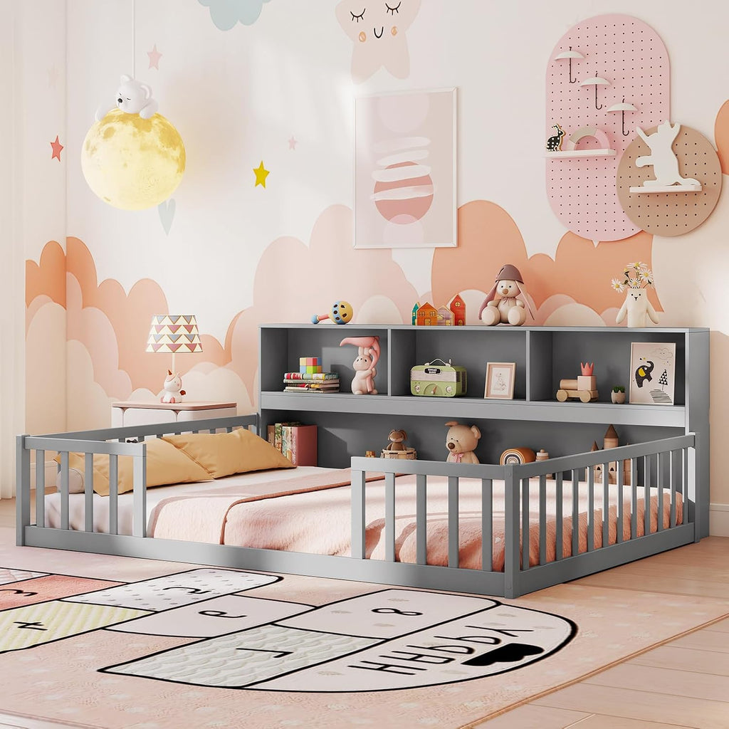 Giantex Full Size Floor Bed for Kids, Wooden Montessori Bed Frame with Bookcase, Storage Shelves & Safety Fence Rails, Floor Beds Full for Girls, Boys, No Box Spring Needed, Without Slats, Grey