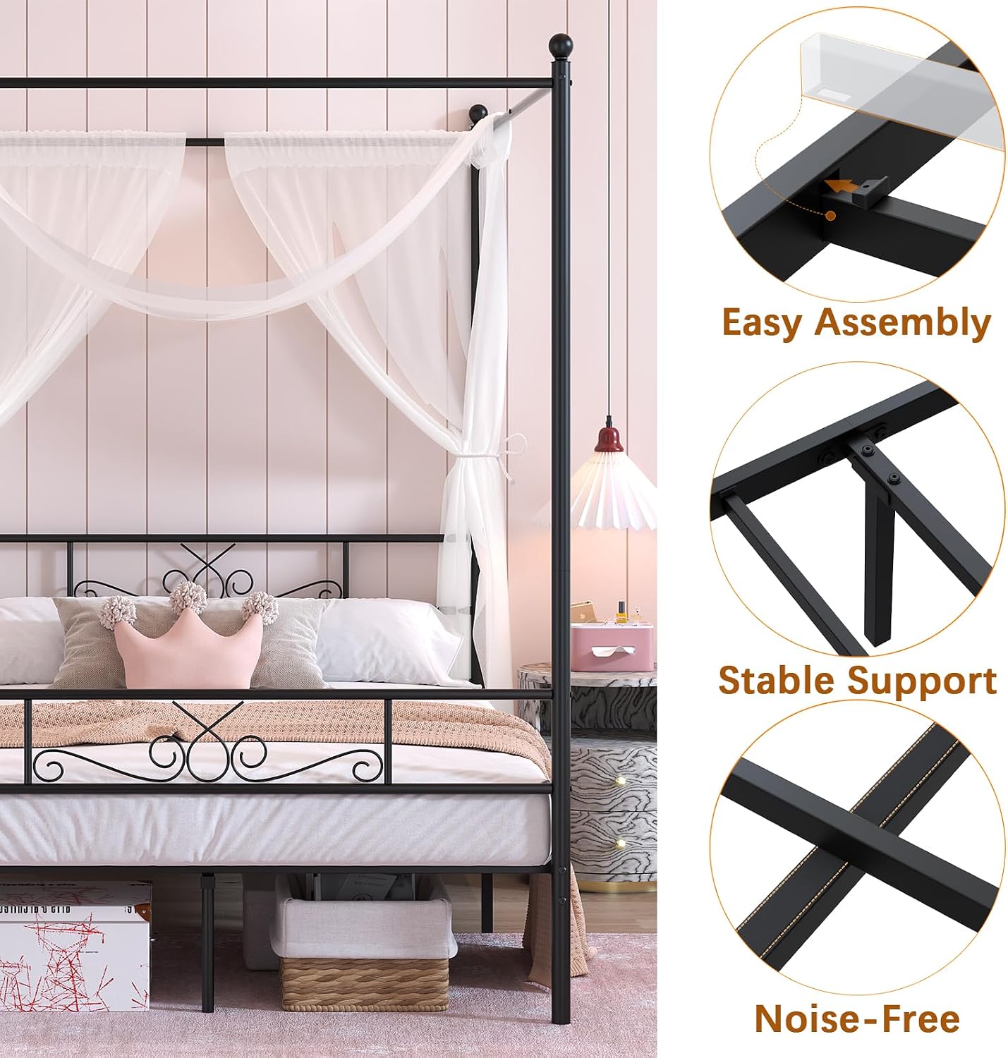 Weehom Canopy Bed Frame Full Size, Full Canopy Bed Frame with Headboard and Footboard, 4-Poster Mattress Foundation No Box Spring Needed Black