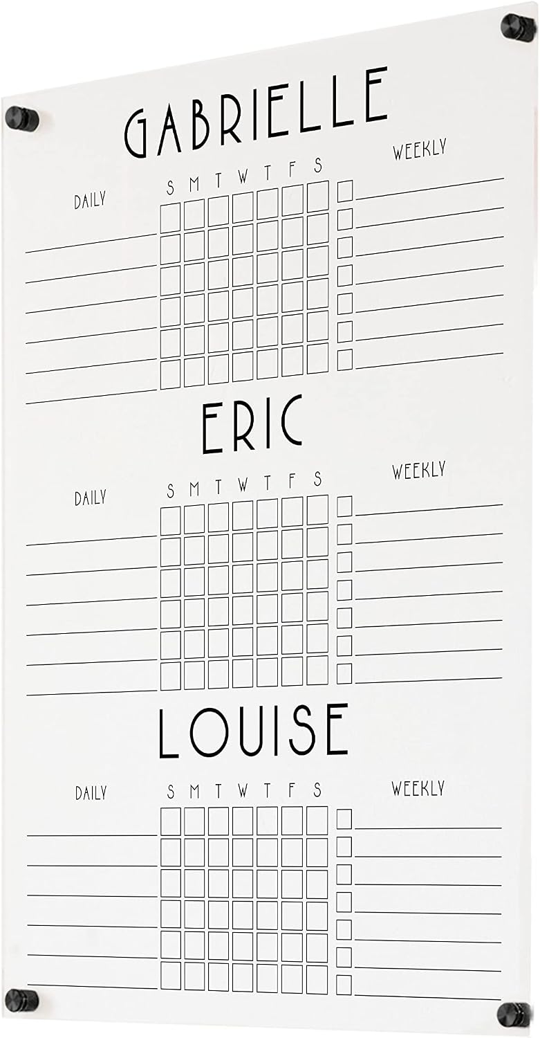 Personalized Chore Chart for Three Children | Custom Chore Chart for Girls and Boys dry erase clear acrylic minimalist homeschool (23'W x 31'H, Matte Black Standoffs)