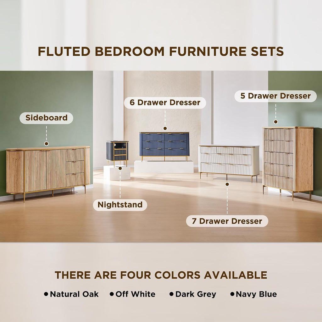 T4TREAM Fluted 5 Drawers Dresser for Bedroom, 48' Tall Modern Dresser Chest of Drawers, Gold Accents, Fluted Fronts, Wood Storage Dressers Organizer for Bedroom, Living Room, Dark Grey