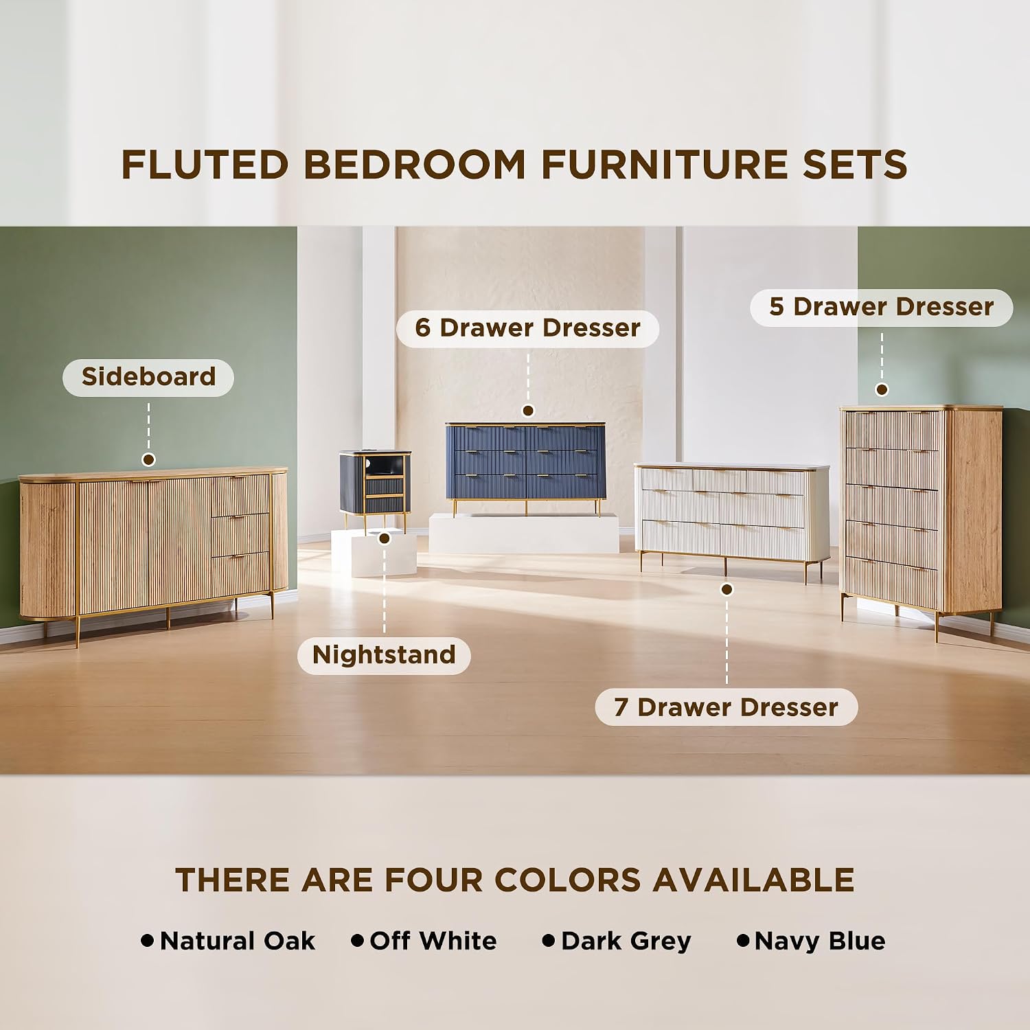 T4TREAM Fluted 5 Drawers Dresser for Bedroom, 48' Tall Modern Dresser Chest of Drawers, Gold Accents, Fluted Fronts, Wood Storage Dressers Organizer for Bedroom, Living Room, Dark Grey