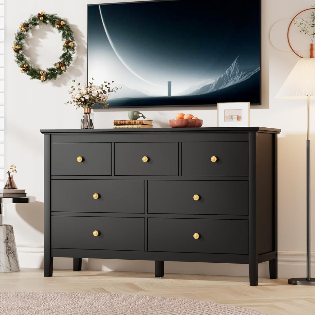 CARPETNAL 7 Drawers Dresser for Bedroom, Black Dressers & Chests of Drawers with Gold Handles and 7 Large Drawer, Modern Wooden Storage Organizer Cabinet for Hallyway, Entryway