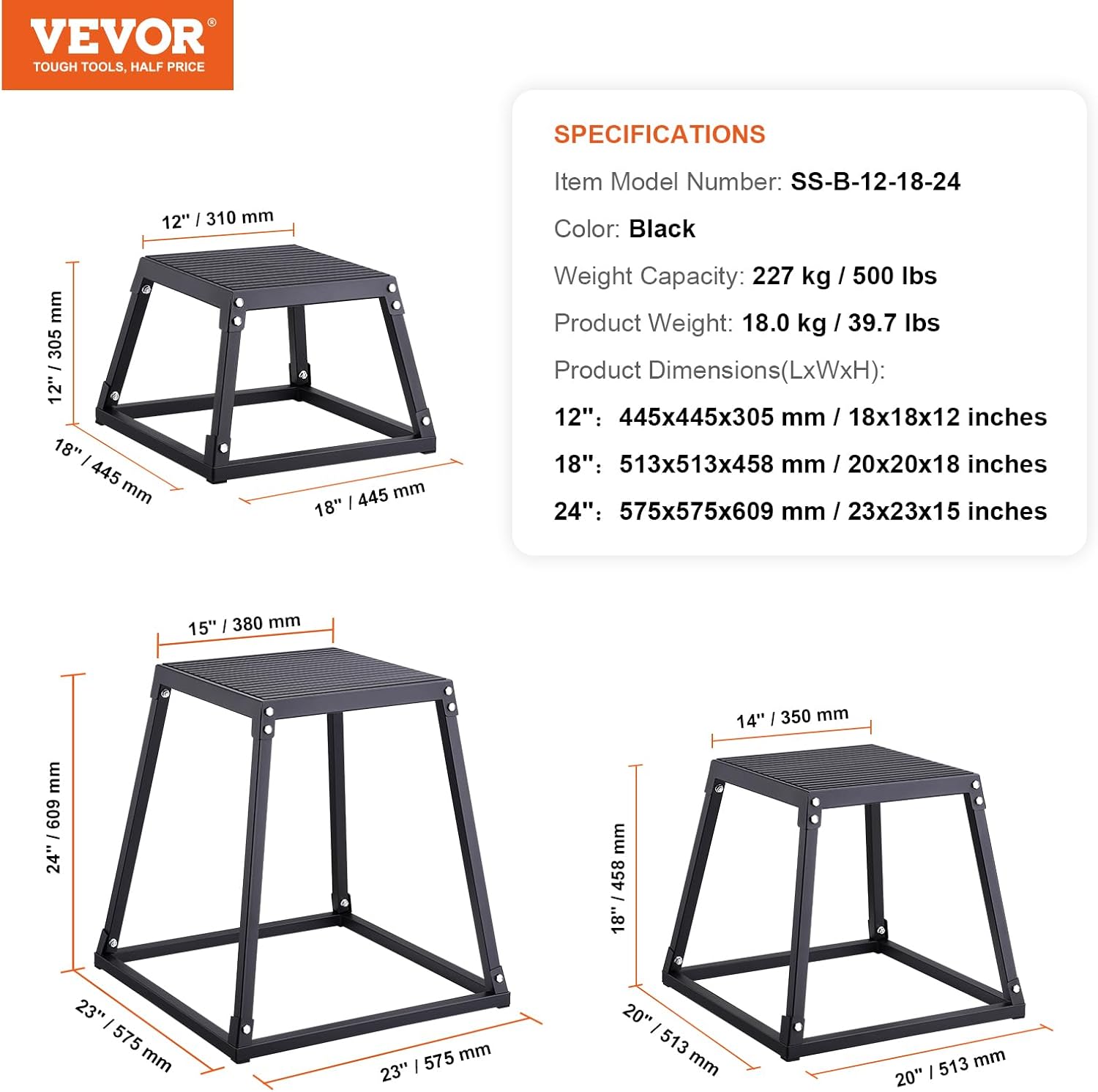 VEVOR Plyometric Jump Box, 18 Inch Plyo Box, Steel Plyometric Platform and Jumping Agility Box, Anti-Slip Fitness Exercise Step Up Box for Home Gym Training, Conditioning Strength Training