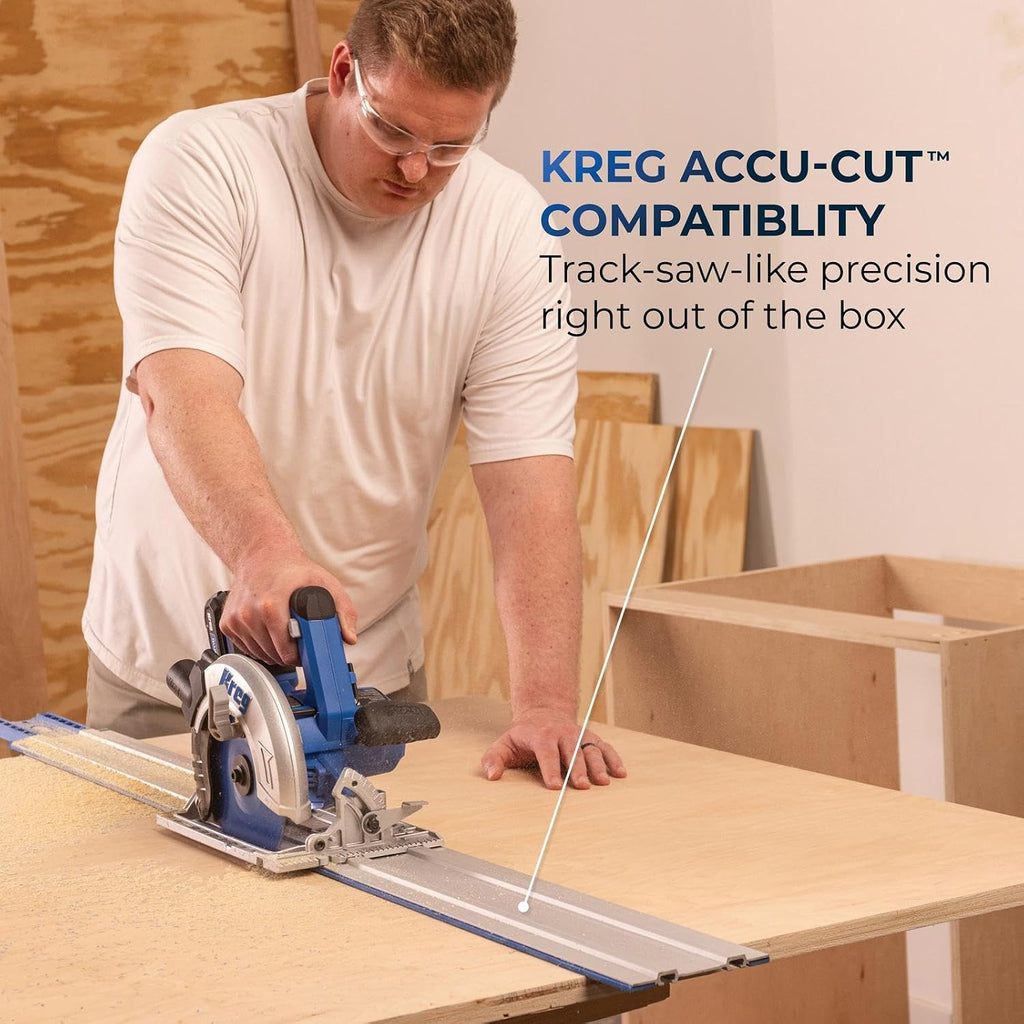 Kreg 20V Ionic Drive 7 1/4' Circular Saw, 20V Blue Ion Charger & Blue Ion 4Ah Battery Pack - Powerful Brushless Motor & Built-In Safety Features - LED for Cutline Visibility - KPTBCS725A