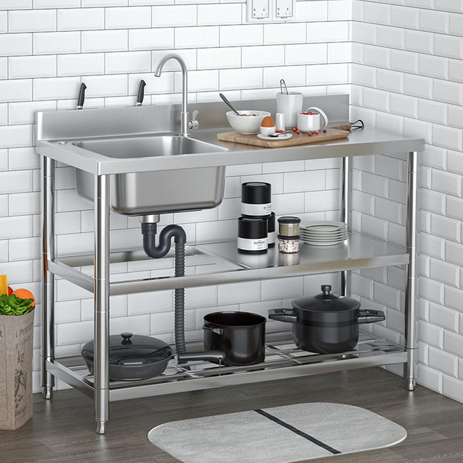 Stainless Steel Utility Sink with Workbench, Commercial Restaurant Sink Kitchen Sinks Set Prep & w/Faucet & Drainboard, Laundry Room Single Bowl Outdoor Kitchen Sinks(Hot Cold Faucet Right,31.5in)
