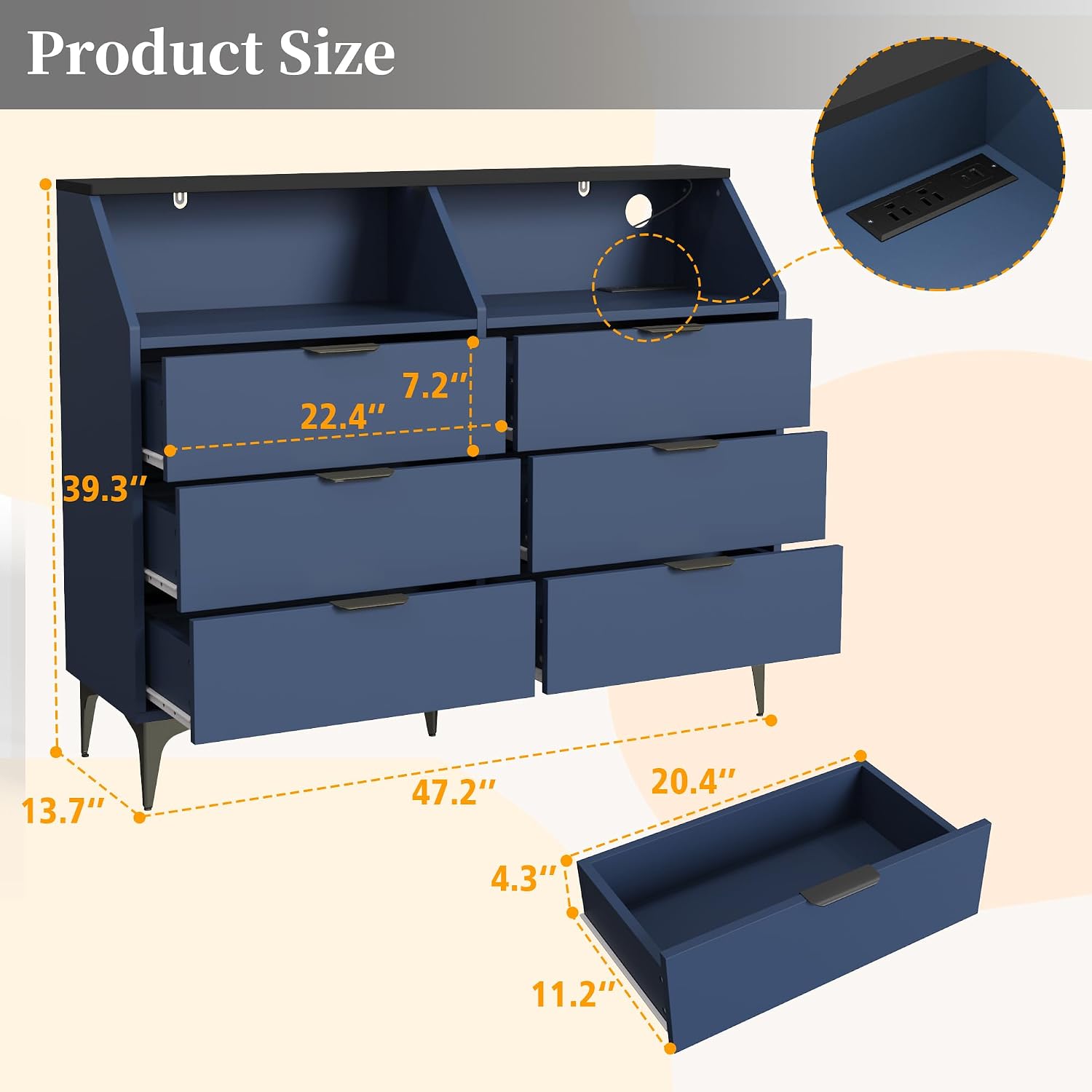 6 Drawer Dresser for Bedroom with Charging Station and LED Lights, Modern Double Dresser, Large Chest of Drawers with Open Space, LED Storage Cabinet for Living Room (Blue-Silver)