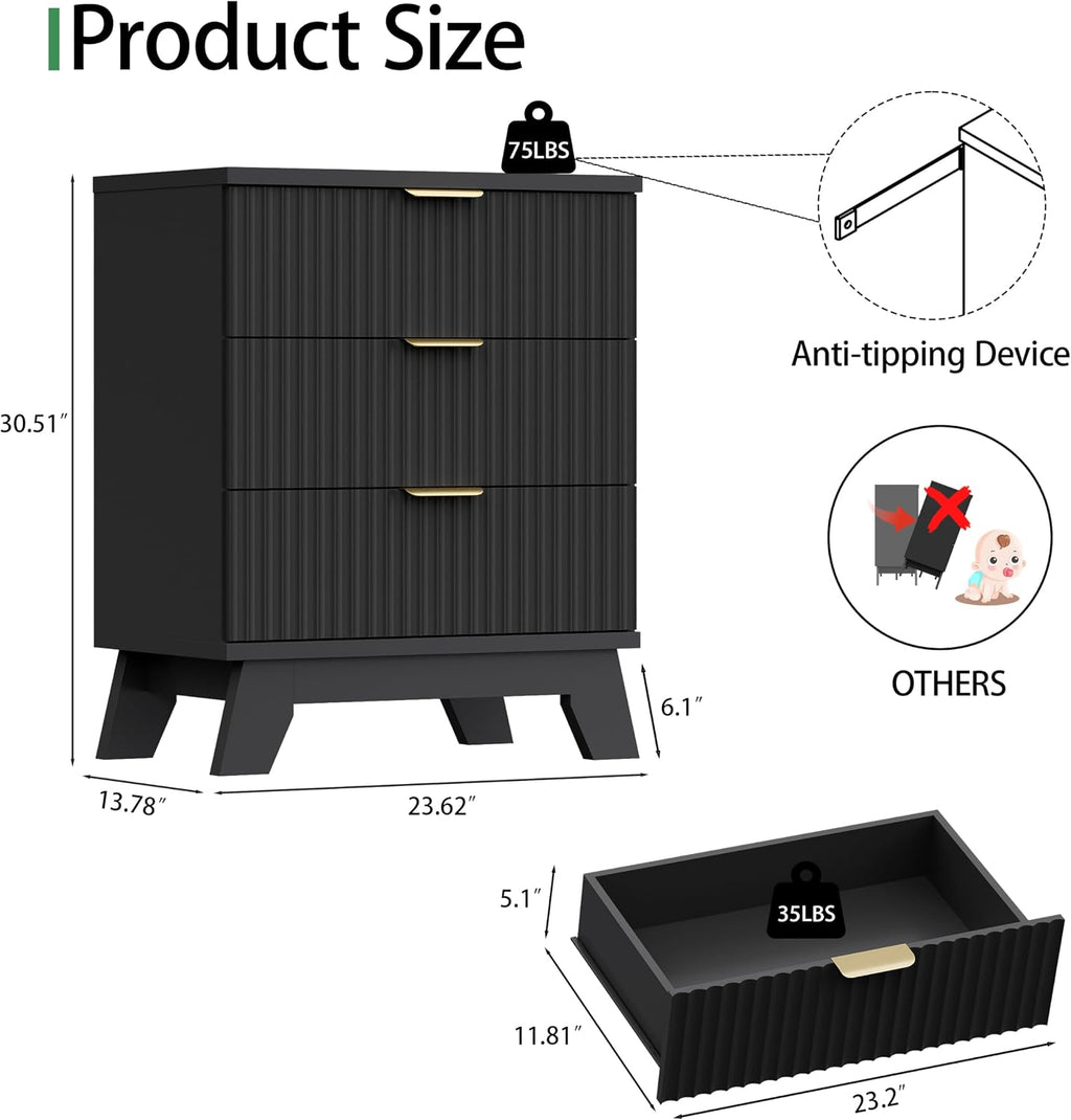 Fluted Dresser for Bedroom with 3 Drawers, 24' Wide Modern Chest of Drawers with Metal Handle, Wooden Dresser TV Stand, Wood Closet Clothes Storage Drawer Organizer for Living Room, Hallway, Black