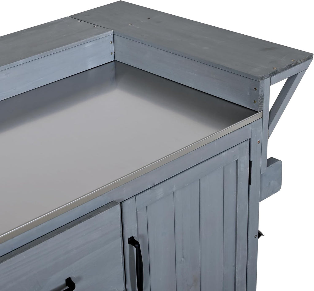 Modern 60.2''W Outdoor Kitchen Island with Wheels, Rolling Patio BBQ Kitchen Cart with Stainless Steel Top, Wood Grill Cart with Spice Rack&Wine Rack,2 Drawers (Gray-60.2'')