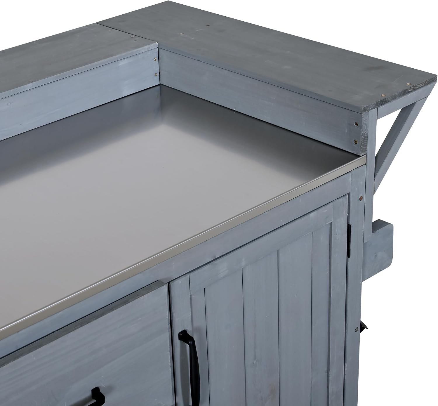 Modern 60.2''W Outdoor Kitchen Island with Wheels, Rolling Patio BBQ Kitchen Cart with Stainless Steel Top, Wood Grill Cart with Spice Rack&Wine Rack,2 Drawers (Gray-60.2'')
