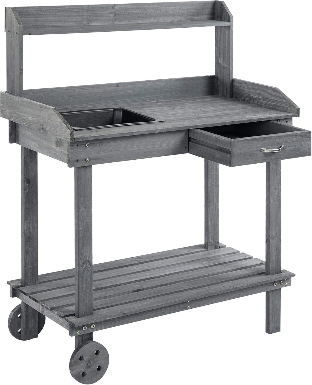 36'' Wooden Potting Bench Work Table with 2 Removable Wheels, Sink, Drawer & Large Storage Spaces, Gray