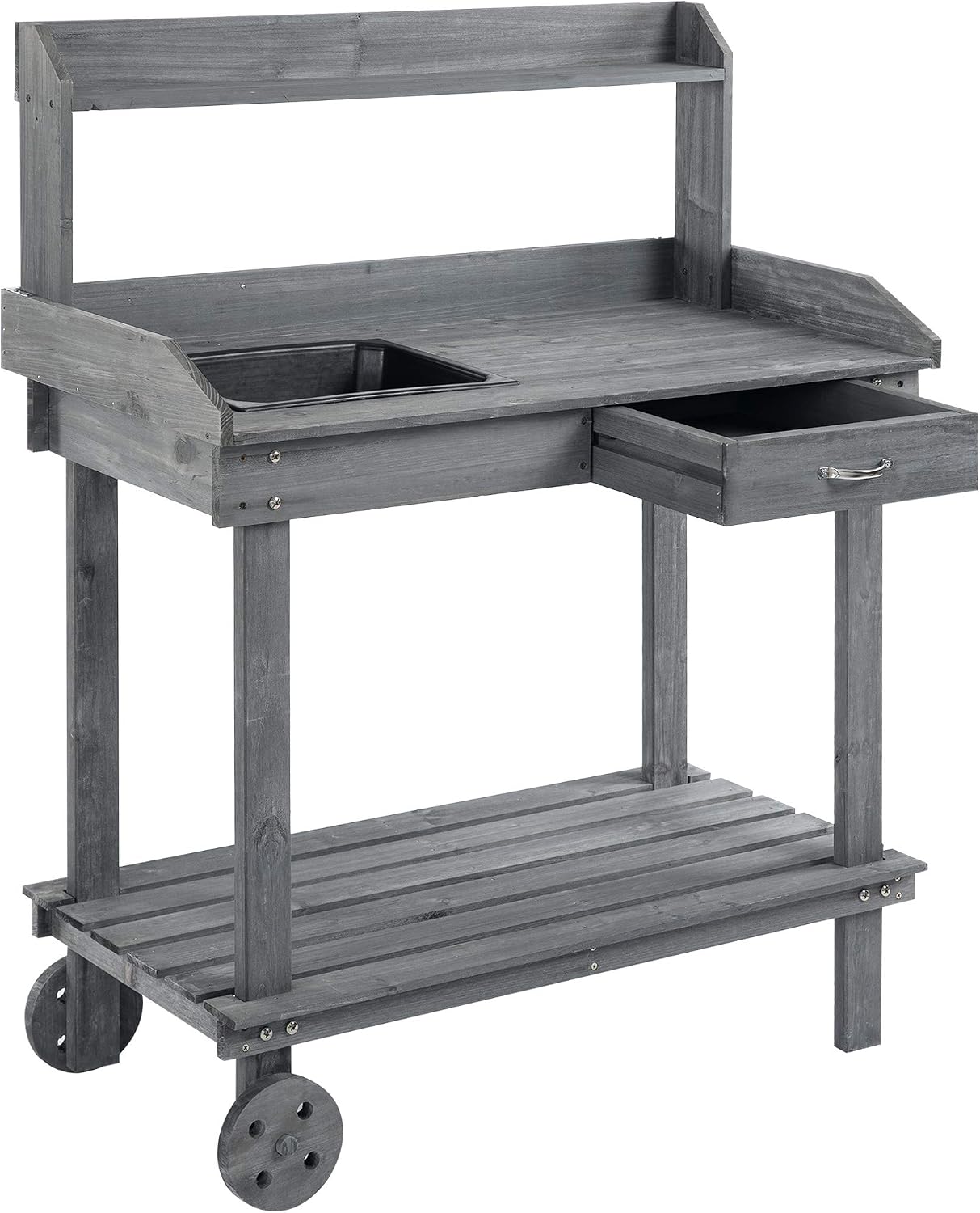 36'' Wooden Potting Bench Work Table with 2 Removable Wheels, Sink, Drawer Large Storage Spaces, Gray