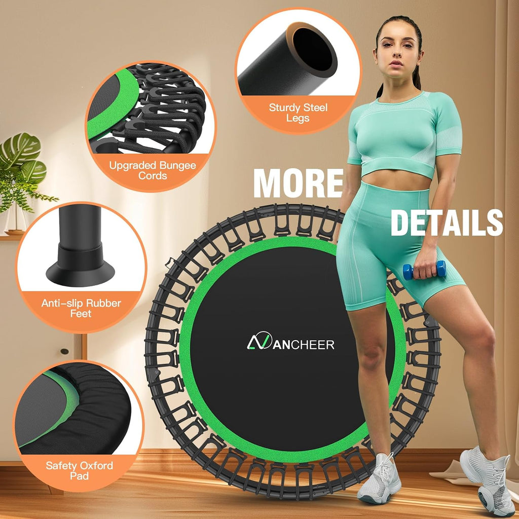 ANCHEER 40'/48' Foldable Mini Trampoline,Max Load 450lbs/550lbs Indoor Trampoline,with 4 Level Adjustable Foam Handle and Resistance Bands,Adult Exercise Trampoline for Home, Garden, and Gym