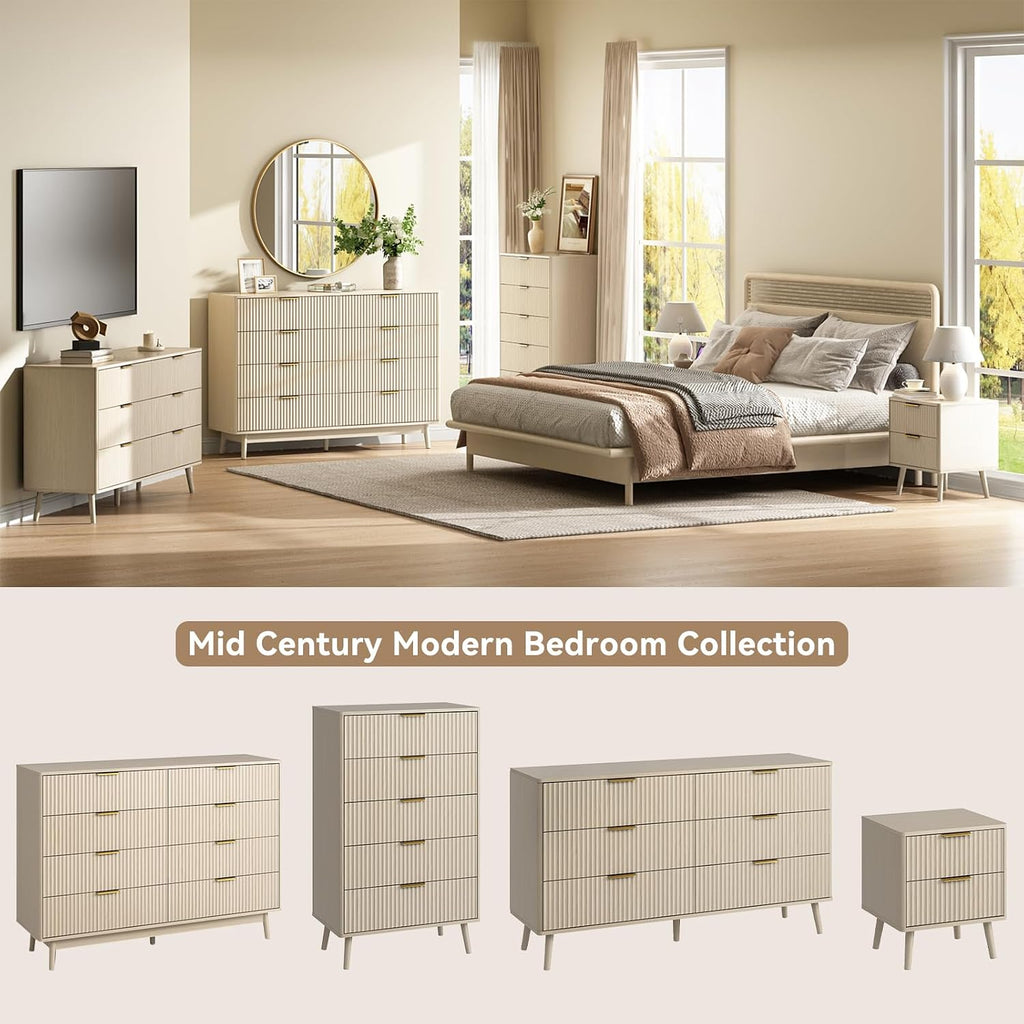 CARPETNAL Fluted Dresser and Nightstand Sets for Bedroom, 3 Pcs Bedroom Set, 6-Drawer Dresser & 2-Drawer Nightstand Set of 2, Modern Wood Chest of Drawers for Living Room, Entryway, Beige