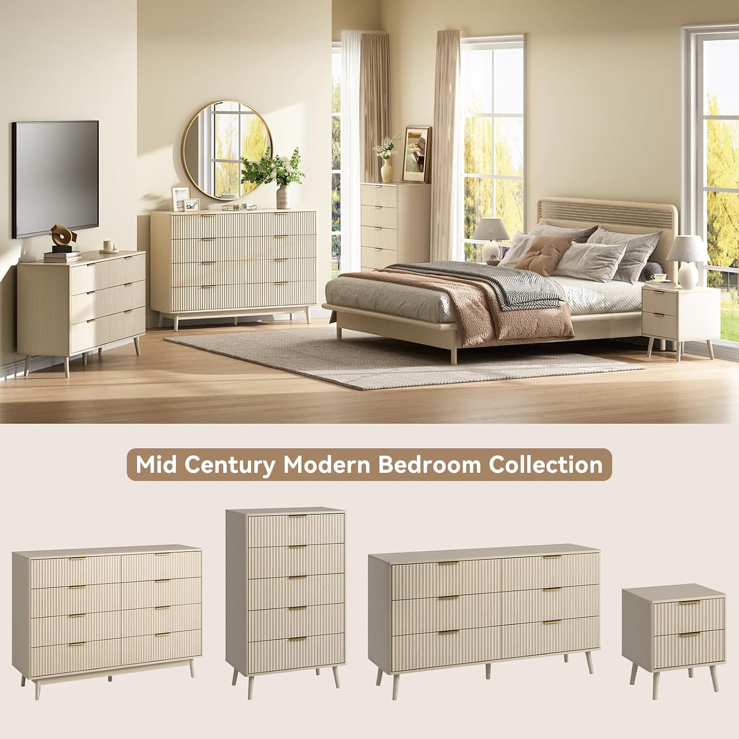 CARPETNAL Fluted Dresser and Nightstand Sets for Bedroom, 3 Pcs Bedroom Set, 6-Drawer Dresser & 2-Drawer Nightstand Set of 2, Modern Wood Chest of Drawers for Living Room, Entryway, Beige