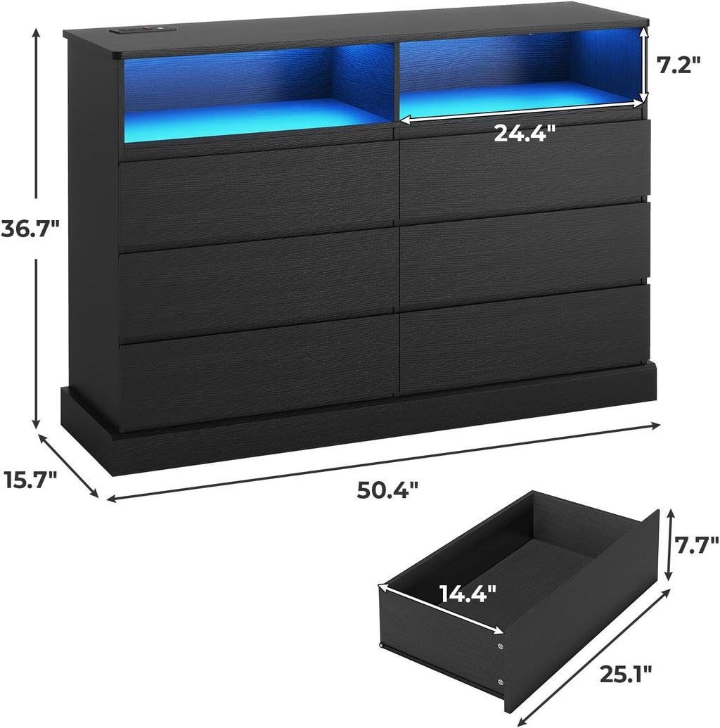 DICTAC Black Dresser for Bedroom with LED Lights with Charging Station, 6 Drawer Double Dresser with No Handle Drawers, Modern Chest of Drawers for Living Room, Entryway