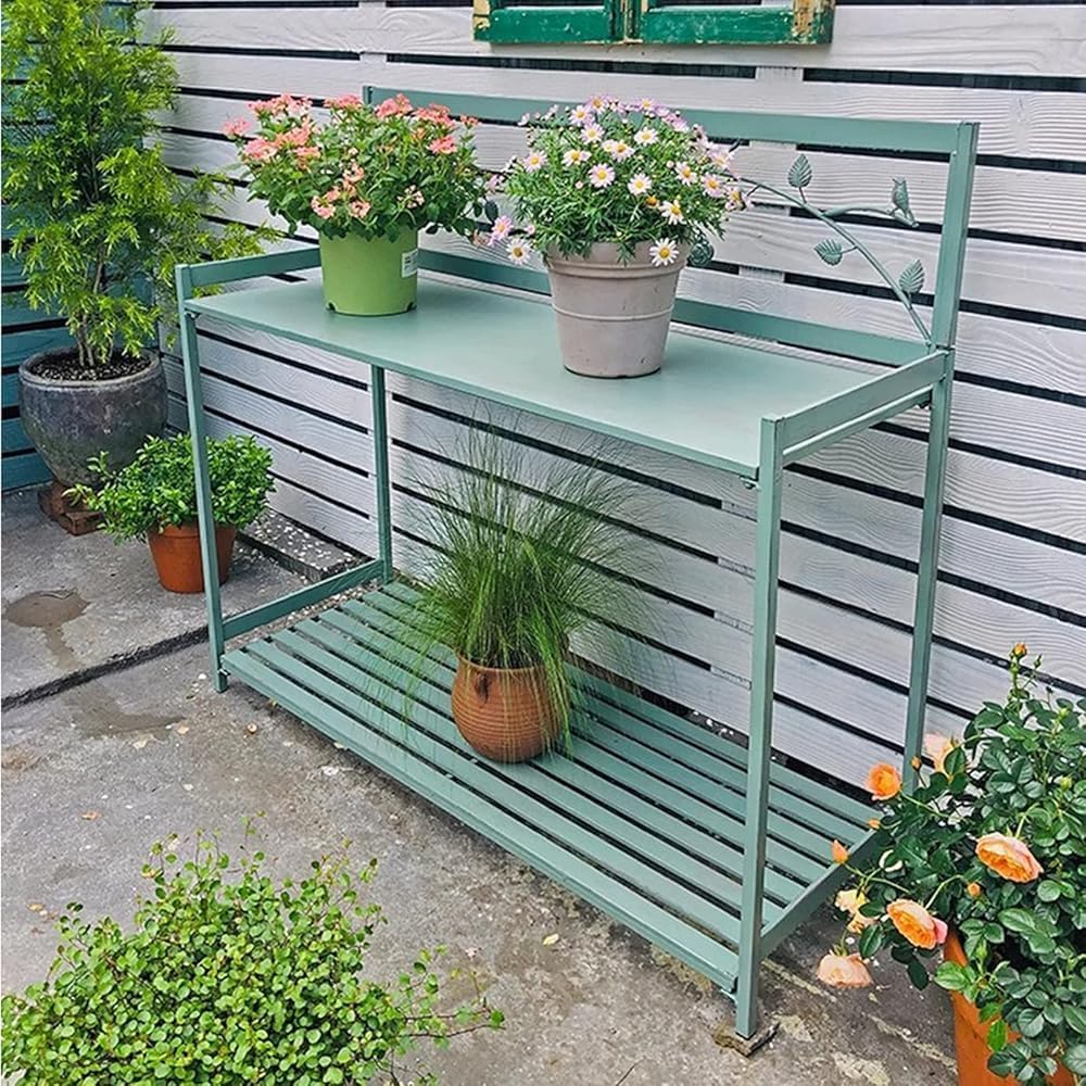 Outdoor Patio Metal Potting Table with 2- Tier Open Shelf, Potting Bench, Garden Work Station Table for Planting (Color:Brown)