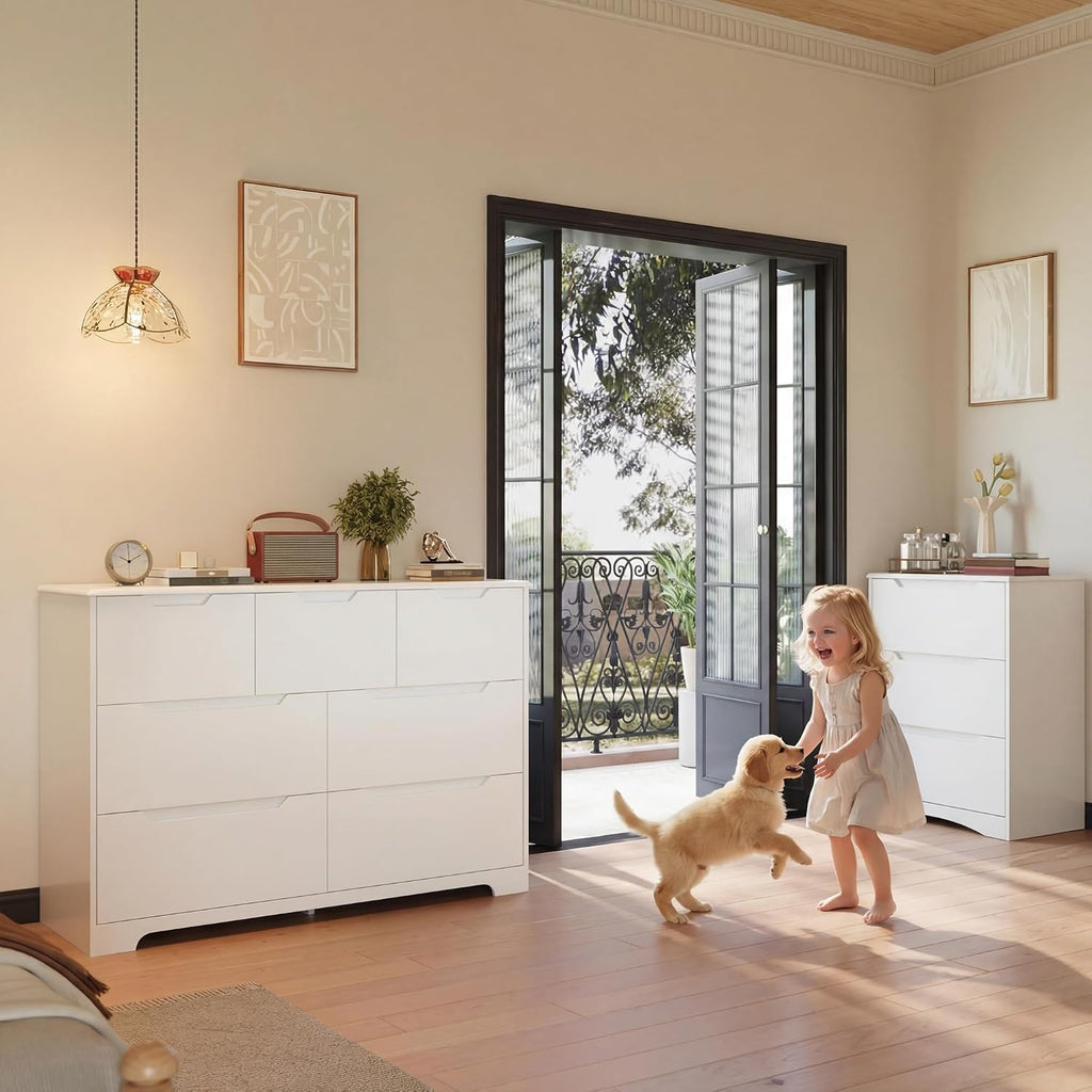 Gizoon 7 Drawer Dresser, 48' Wide White Dresser for Bedroom, Chest of Drawers with Handle Free Design, Modern Storage Organizer for Living Room, Kids Room, Entryway, Hallway, White