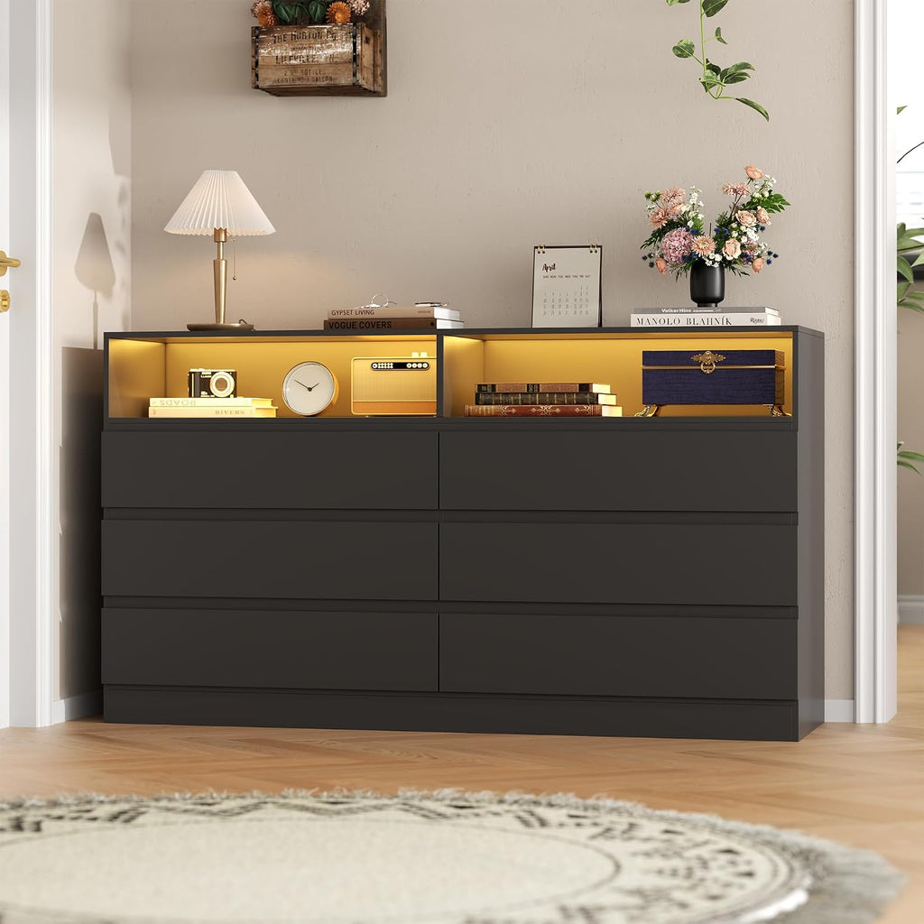 Gyfimoie 6 Drawer Dresser with Power Outlet, Modern Black Dresser Chest of Drawers with LED Ligh, Wooden Dressers TV Stand, Double Wide Dressers Organizer for Bedroom, Living Room, Entryway