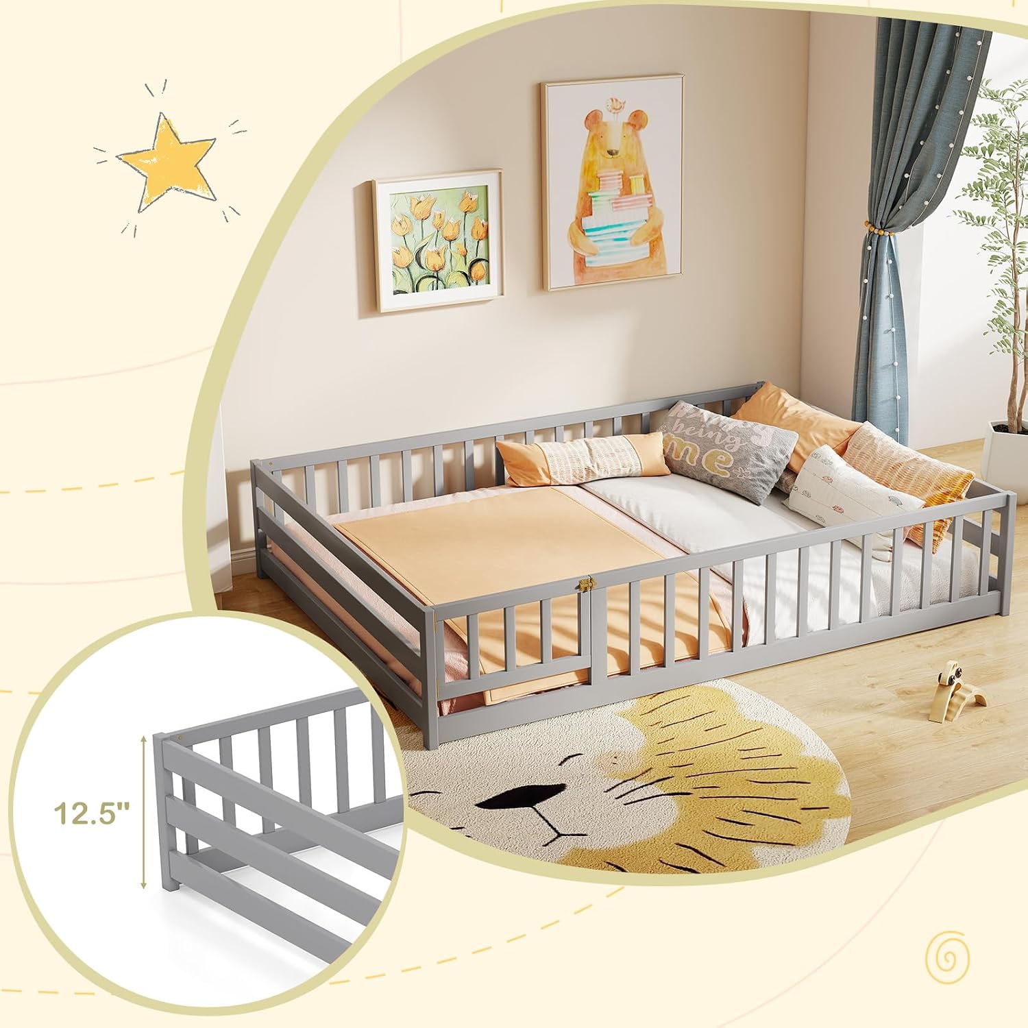 KOMFOTT Full Size Wood Floor Bed with Door & Fence, Montessori Bed Frame with Full Length Safety Guardrails, Door & Latch, Wooden Montessori Floor Bed for Kids, Girls, Boys (Full,Grey)