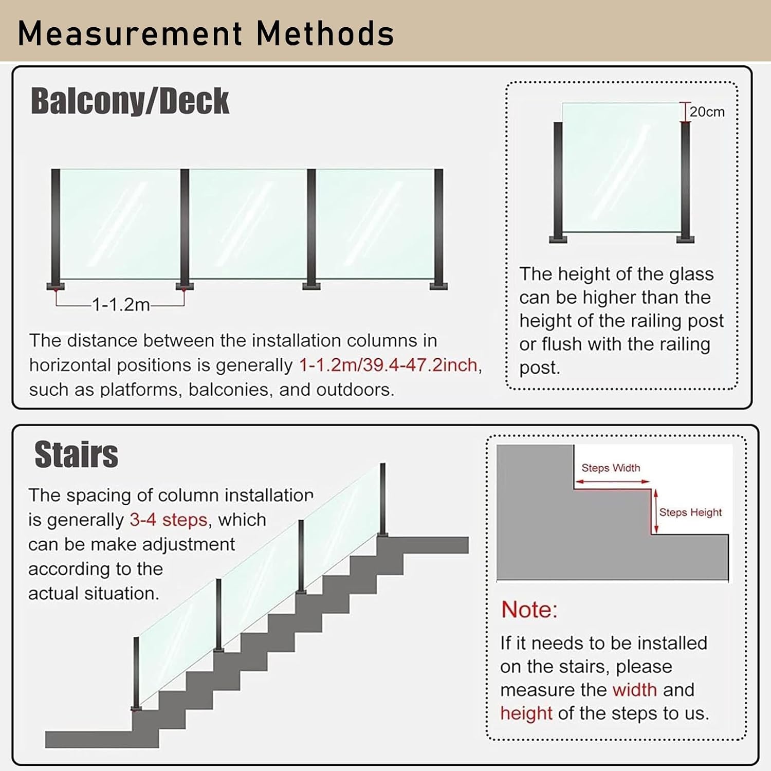 Stairs Railing Post for Square Handrail, Glass Railing Post System for 10mm 12mm Toughened Glass, Stair Landing Entryway Gate Glass Black Railing Posts(Black End Post,65cm/25.5in)