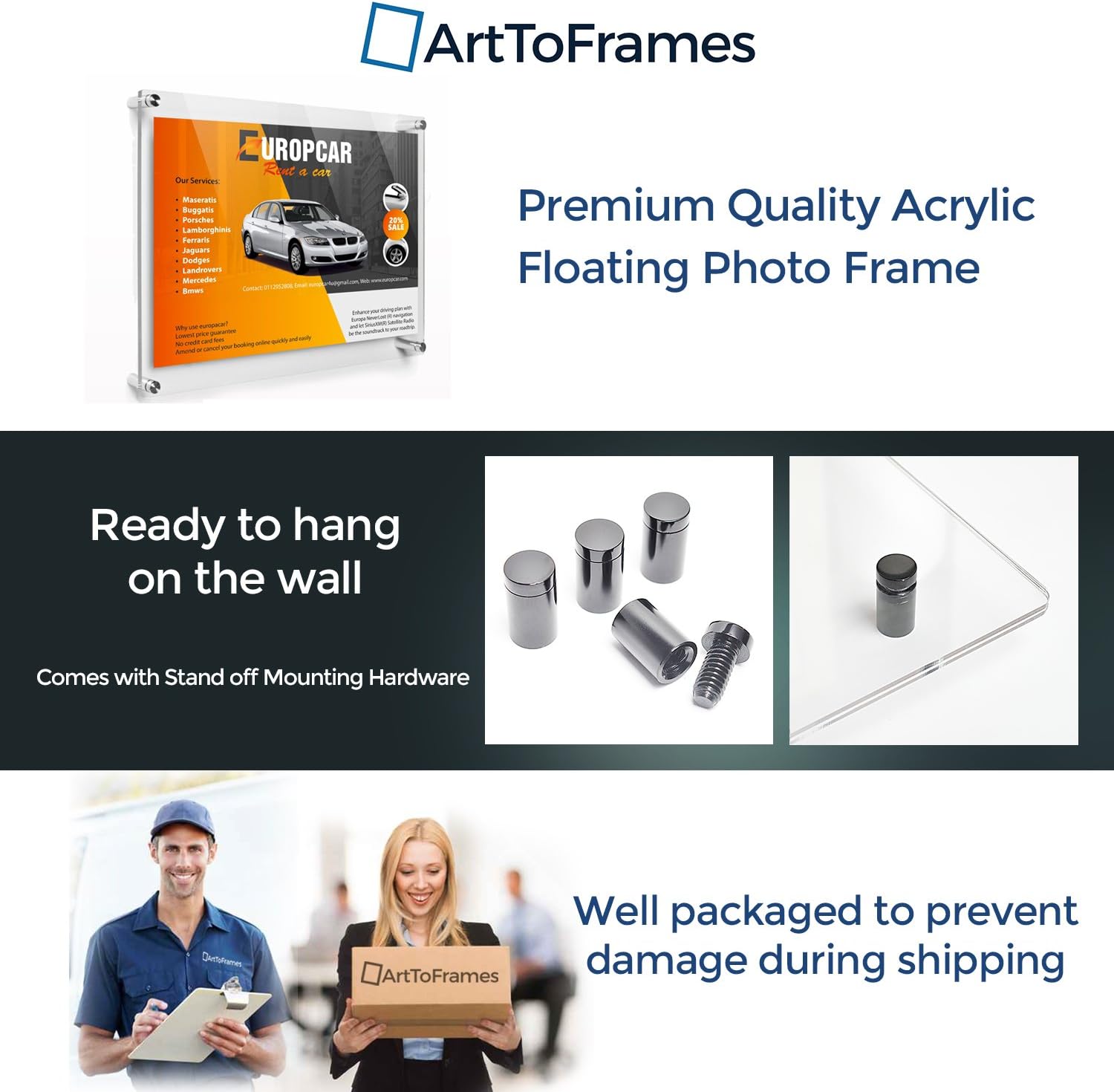 ArtToFrames Floating Acrylic Frame for Pictures Up To 24x36 inches (Full Frame is 28x40) with Black Standoff Wall Mount Hardware, Acrylic-109-24x36-82