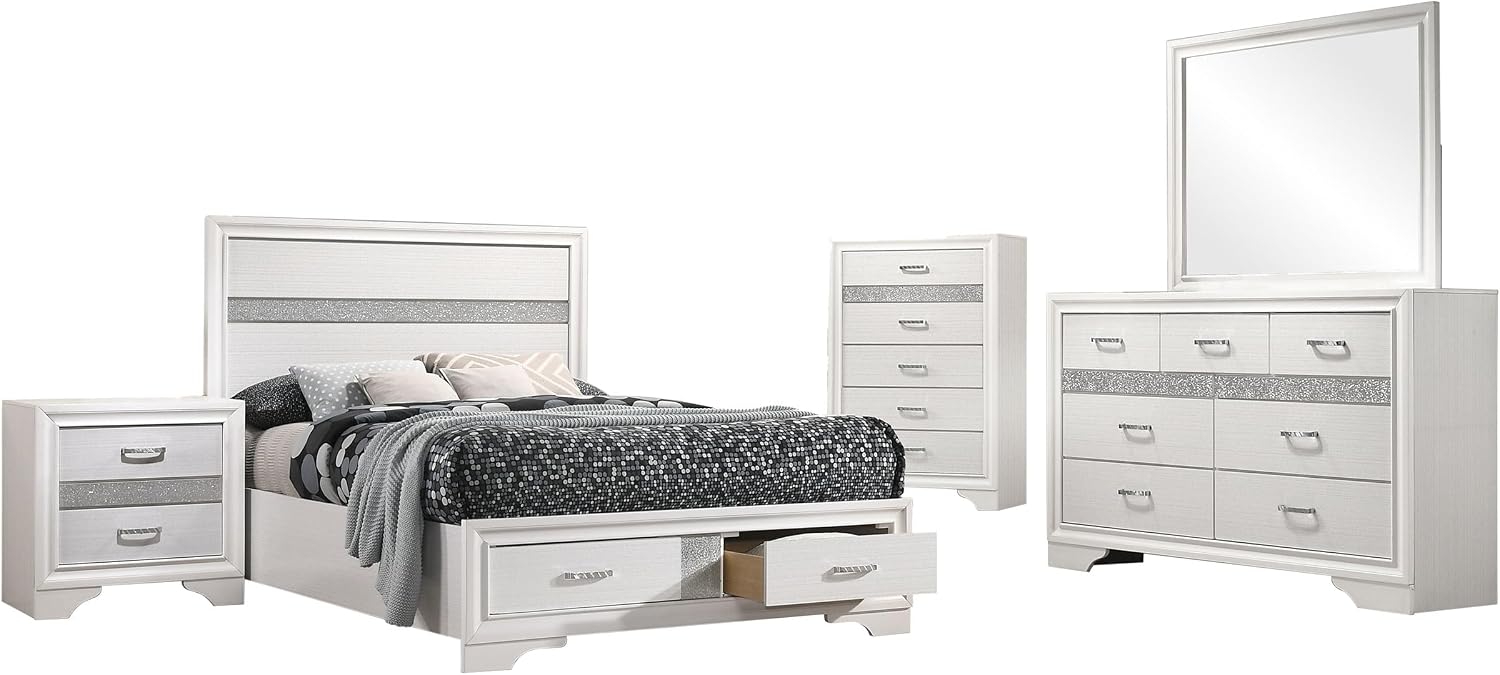 Coaster Home Furnishings Miranda Contemporary 5-Piece Bedroom Set Full Size Storage Panel Bed Frame 50-inch Headboard White 205111F-S5