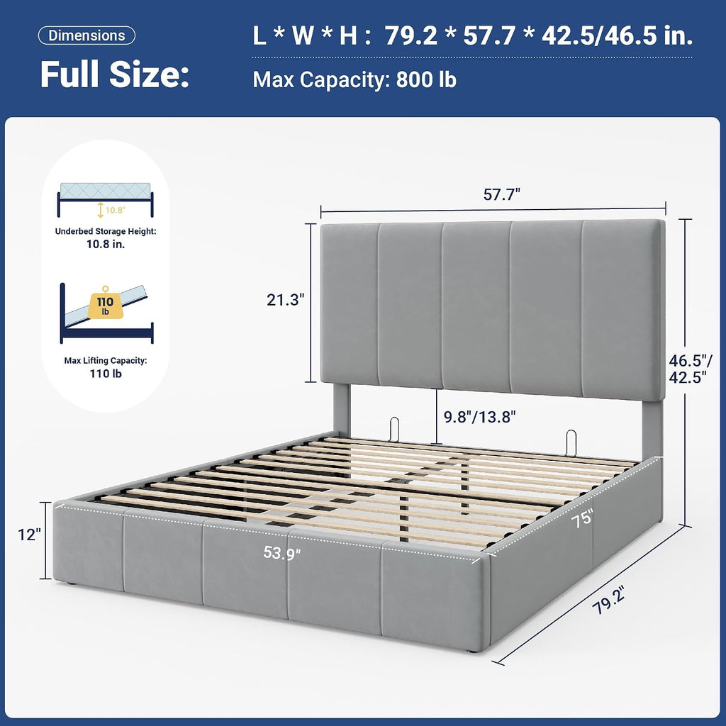 Allewie Full Size Velvet Lift Up Storage Bed Frame, Vertical Channel Tufted Headboard, Hydrualic Underneath Storage, Upholstered Platform Bed, Wooden Slats Support, No Box Spring Needed, Gray