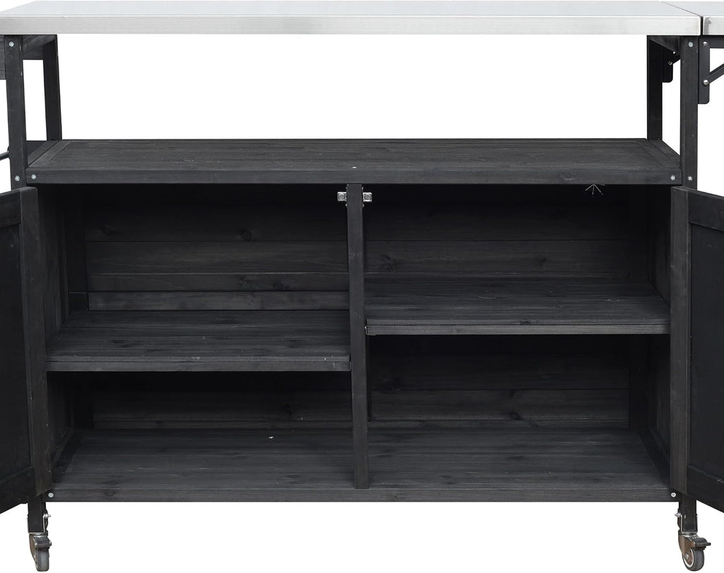 60.6' Outdoor Kitchen Island with Storage Cabinet, Solid Wood Grill Table Cart with Foldable Stainless Steel Top, Wheels and Adjustable Shelves, Outdoor Cooking Table for BBQ, Food Prep, Black