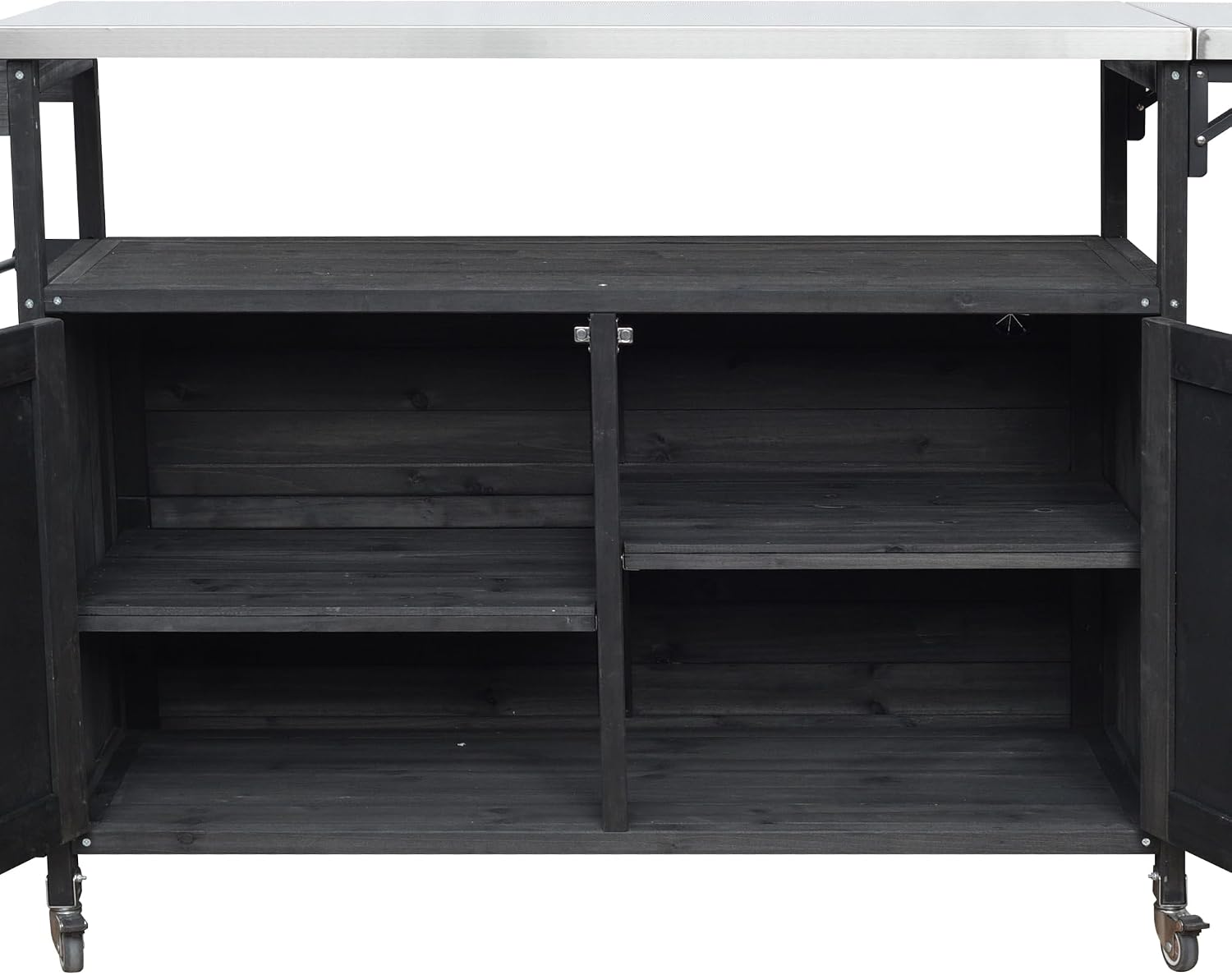 60.6' Outdoor Kitchen Island with Storage Cabinet, Solid Wood Grill Table Cart with Foldable Stainless Steel Top, Wheels and Adjustable Shelves, Outdoor Cooking Table for BBQ, Food Prep, Black