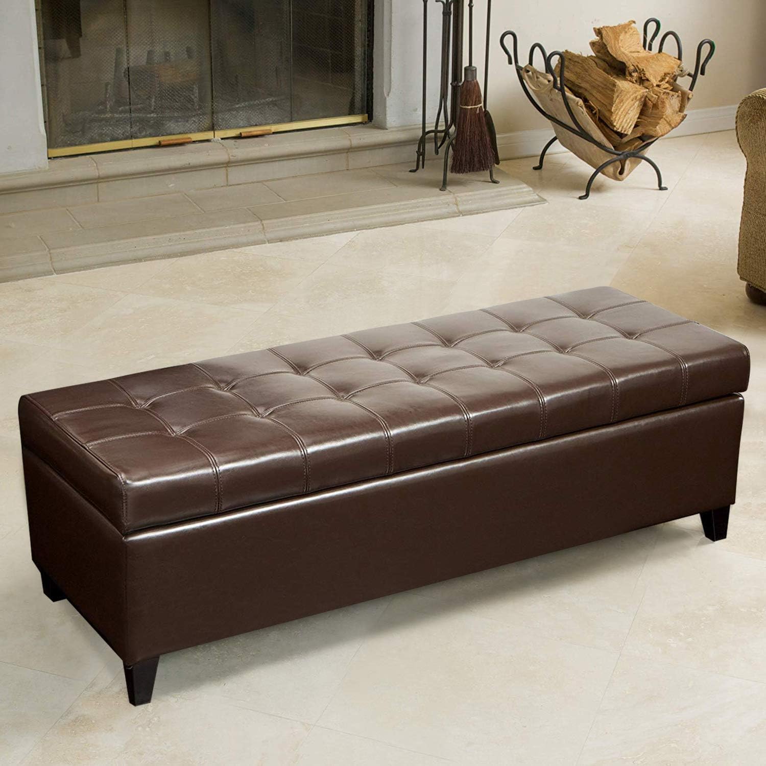 51-Inch Tufted Storage Ottoman Bench, Faux Leather Upholstered Footrest with Large Capacity, Modern End of Bed Bench for Bedroom, Living Room, Brown