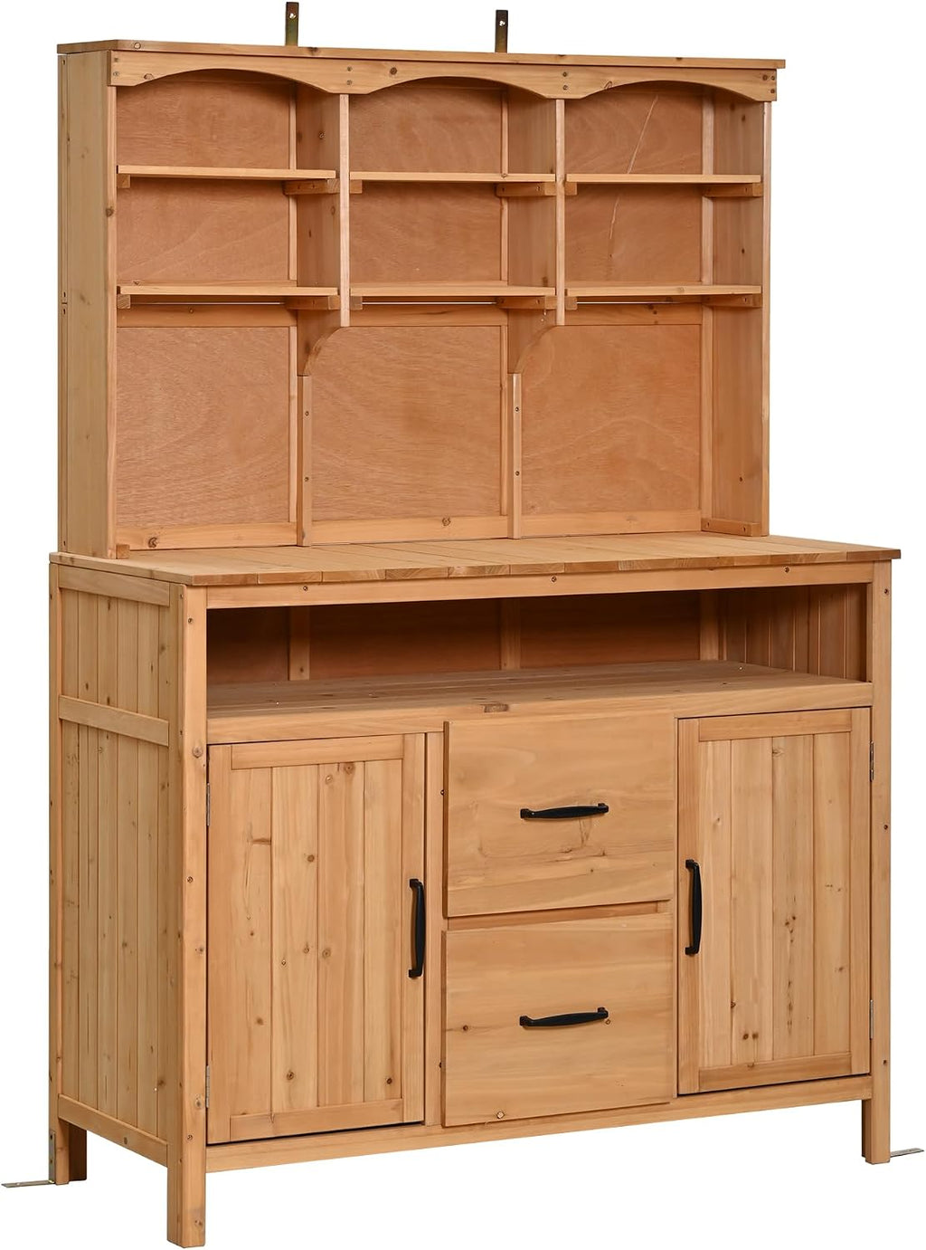 Potting Bench Table with Storage Shelves, Cabinets and Drawers, Multi-Functional Outdoor Patio Workstation with Side Hooks for Patio, Backyard, Mudroom, Natural Wood