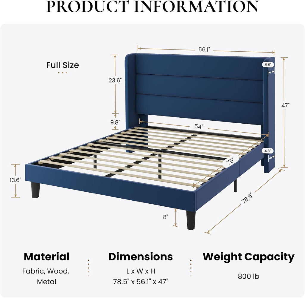SHA CERLIN Full Size Velvet Bed Frame with Wingback Headboard/Upholstered Platform Bed with Wooden Slats/Mattress Foundation/No Box Spring Needed/Easy Assembly/Blue