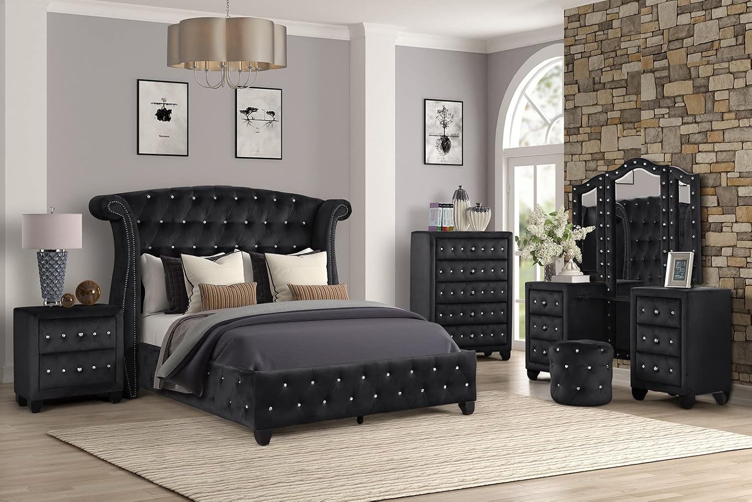 King 5 Pc Vanity Upholstery Bedroom Set Made with Wood in Black