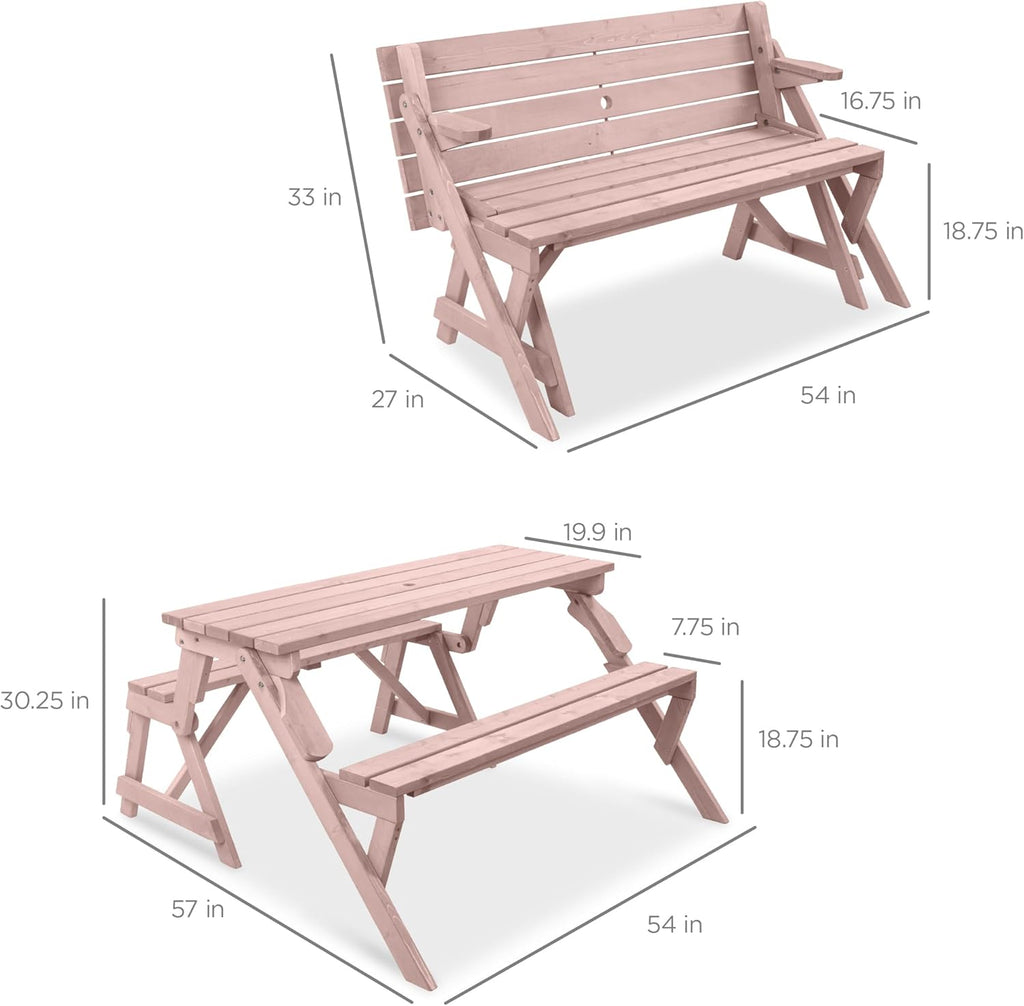 Best Choice Products 2-in-1 Transforming Interchangeable Outdoor Wooden Picnic Table Garden Bench for Backyard, Porch, Patio, Deck w/Umbrella Hole - Pink
