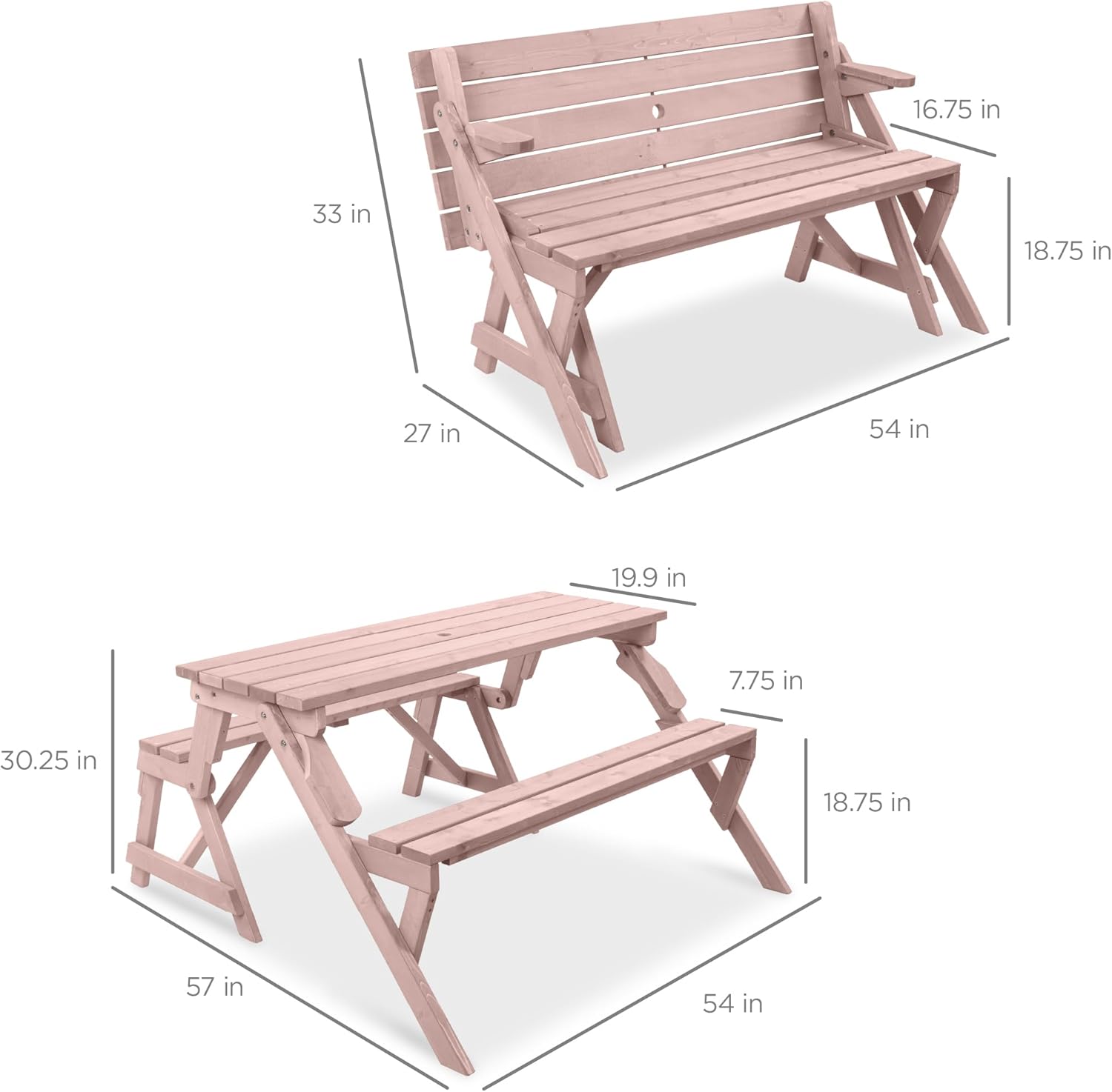 Best Choice Products 2-in-1 Transforming Interchangeable Outdoor Wooden Picnic Table Garden Bench for Backyard, Porch, Patio, Deck w/Umbrella Hole - Pink