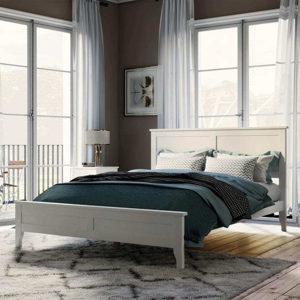 King Size Wood Bed Frame and Headboard, Modern Retro White Platform Beds Frames, Sturdy and Durable Design Mid Century Rustic Wooden Bedroom Set, No Box Spring Needed (White, King)