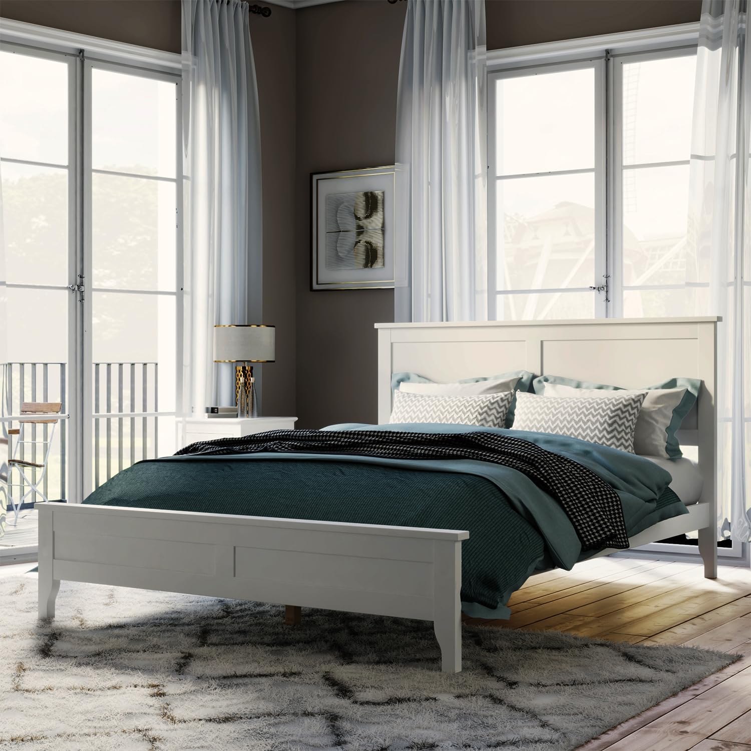 Full Size Wood Bed Frame and Headboard, Modern Retro White Platform Beds Frames, Sturdy and Durable Design Mid Century Rustic Wooden Bedroom Set, No Box Spring Needed (White, Full)
