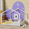 LLS Full Size House Bed with Fence, Wooden Montessori Bed with Slats Support, Floor Bed Frame for Boys Girls Bedroom, White