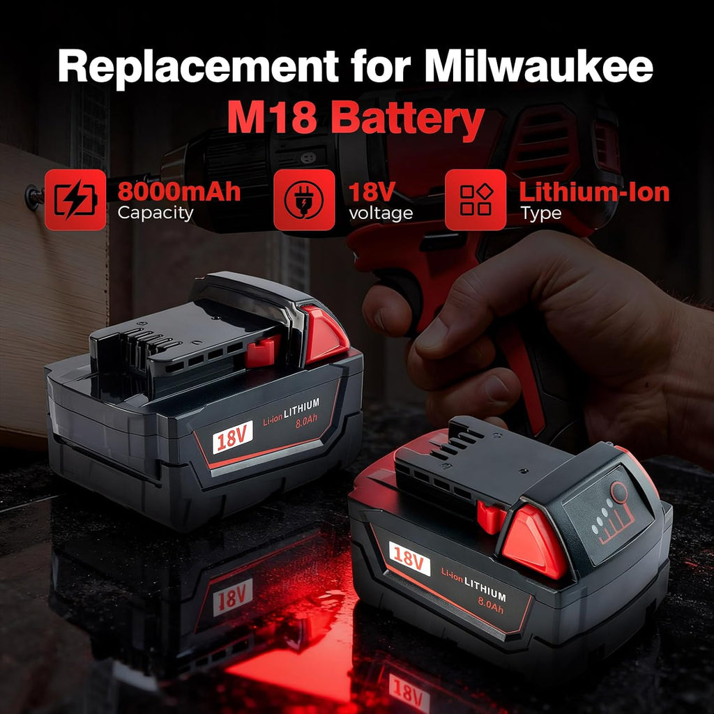 2-Pack M18 Batteries Replacement for Milwaukee 8.0Ah 18V Max Lithium-Ion, Compatible with Milwaukee 48-11-1852 48-11-1811 48-11-1815 48-11-1820 48-11-1828 48-11-1840 Cordless Power Tools