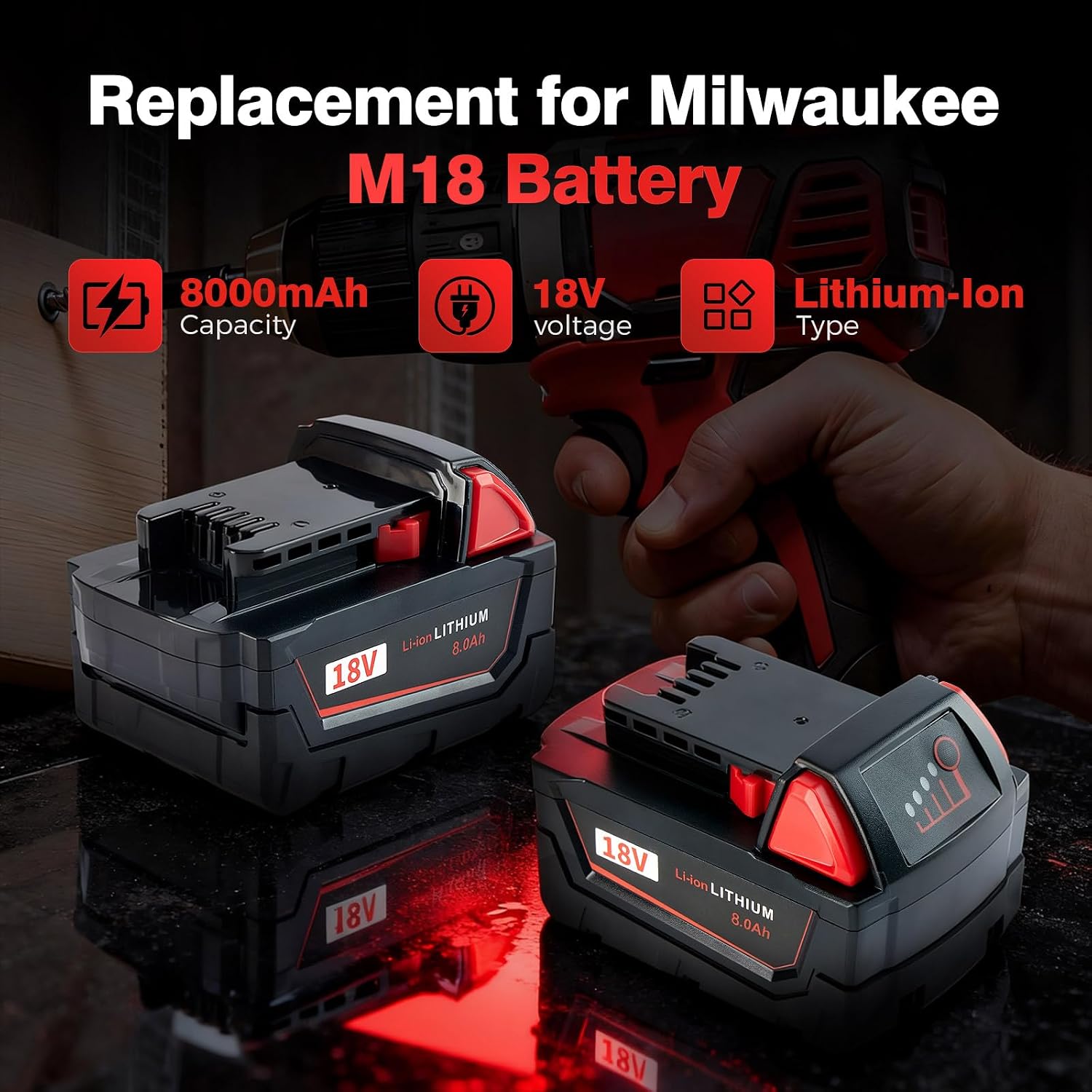 2-Pack M18 Batteries Replacement for Milwaukee 8.0Ah 18V Max Lithium-Ion, Compatible with Milwaukee 48-11-1852 48-11-1811 48-11-1815 48-11-1820 48-11-1828 48-11-1840 Cordless Power Tools