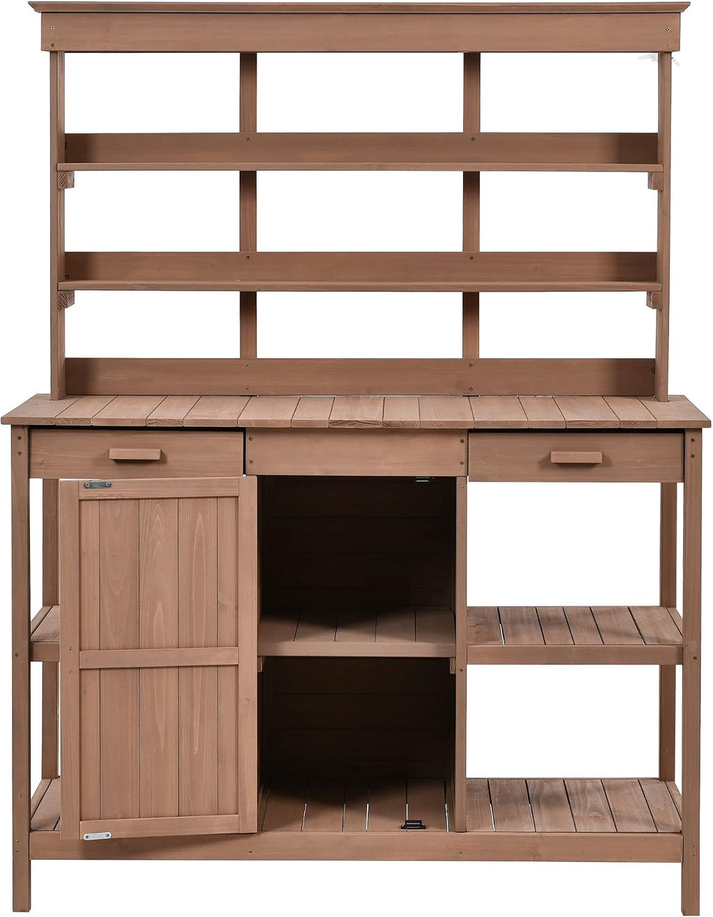 Outdoor Potting Bench Table - Farmhouse Wooden Garden Table - Potters Benches Workstation with 2 Drawers - Fir Wood Open Shelves Storage Cabinet with Compartment for Mudroom, Deck, Patio, Porch -Brown