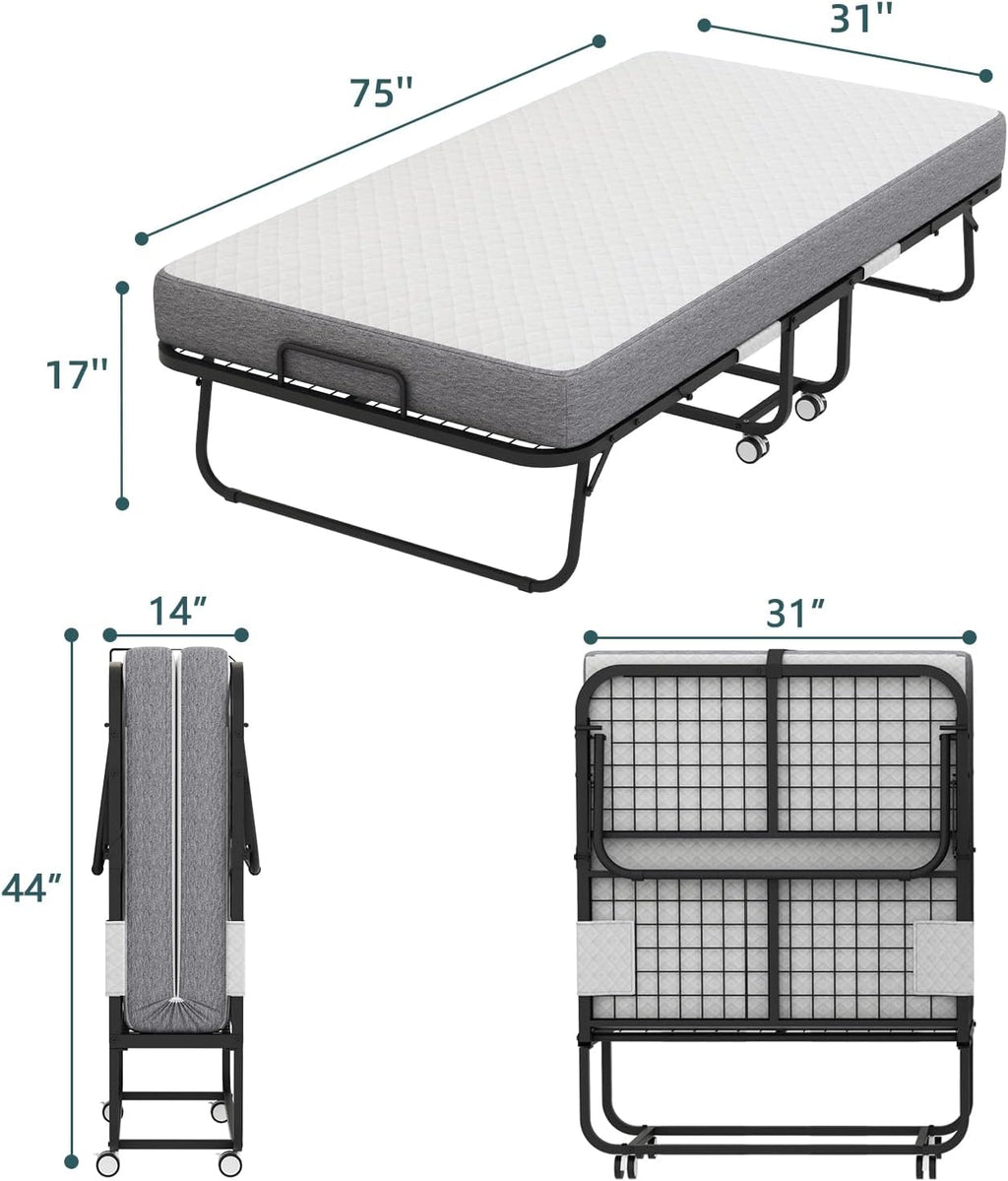 Espsilto Cot Size Folding Bed with Mattress for Adult - 75''x31'' Portable Foldable Rollaway Bed for Guest, Space Saving and Easy Storage