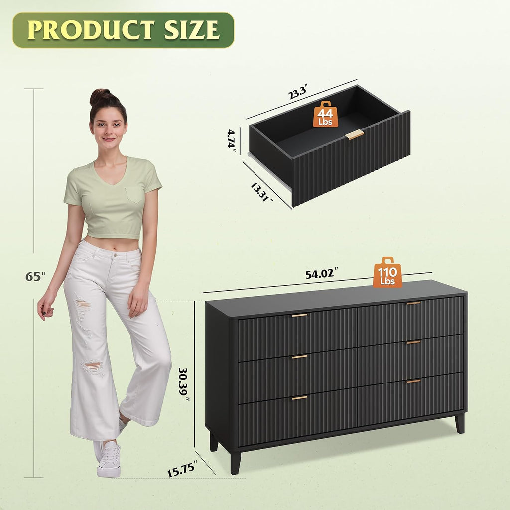 WLIVE Fluted Dresser for Bedroom with 6 Drawers, 54' Wide Wood Dresser with Golden Metal Handles, TV Stand for 65 inch TV, Mid Century Modern Chest of Drawers for Living Room, Hallway, Closet, Black