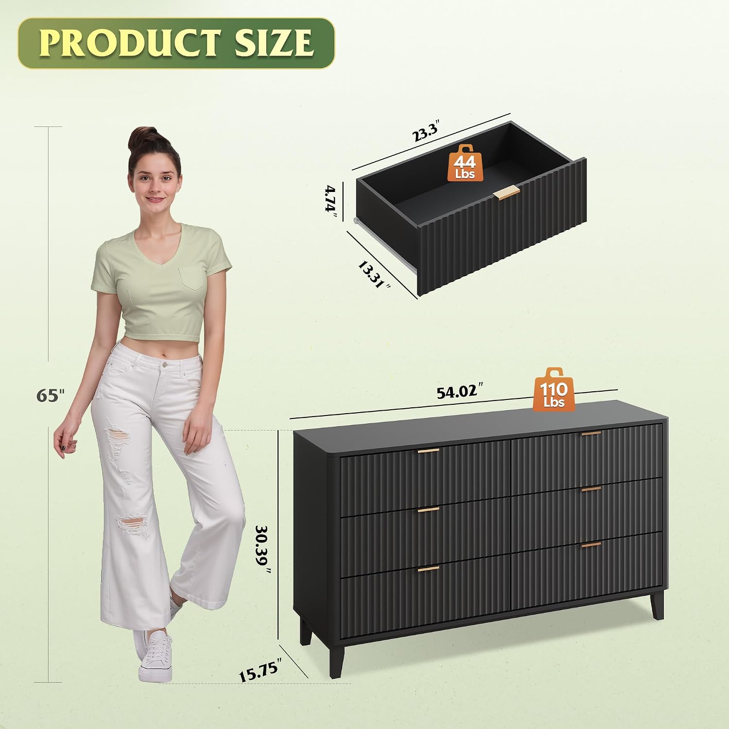 WLIVE Fluted Dresser for Bedroom with 6 Drawers, 54' Wide Wood Dresser with Golden Metal Handles, TV Stand for 65 inch TV, Mid Century Modern Chest of Drawers for Living Room, Hallway, Closet, Black