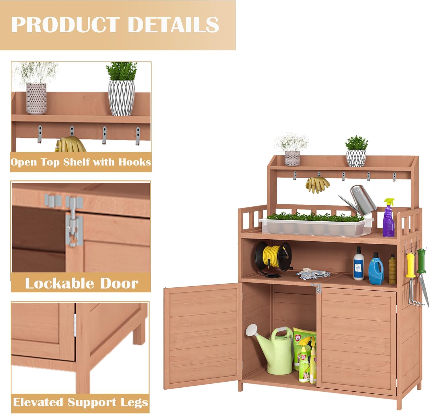 Outdoor Potting Bench with Large Storage Cabinet & Top Shelf - Solid Fir Wood Garden Planting Workstation for Patio, Garden, and Outdoor Activities