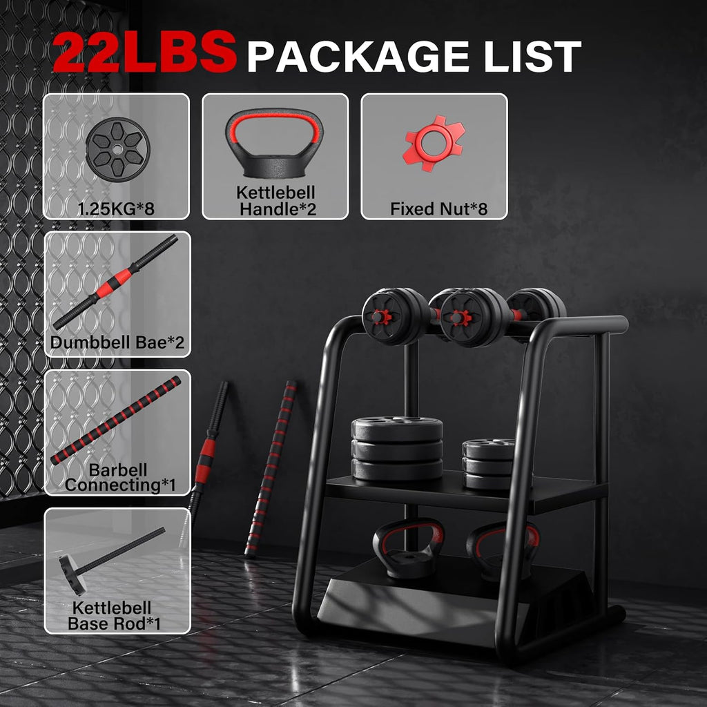 KEY2FUN Adjustable Dumbbells, 22/33/44/66/88LBS Free Weight Set with Connector, 4 in 1 Weight Set Used as Kettlebells, Barbell, Push up Stand, Fitness Exercises for Home Gym Suitable Men/Women