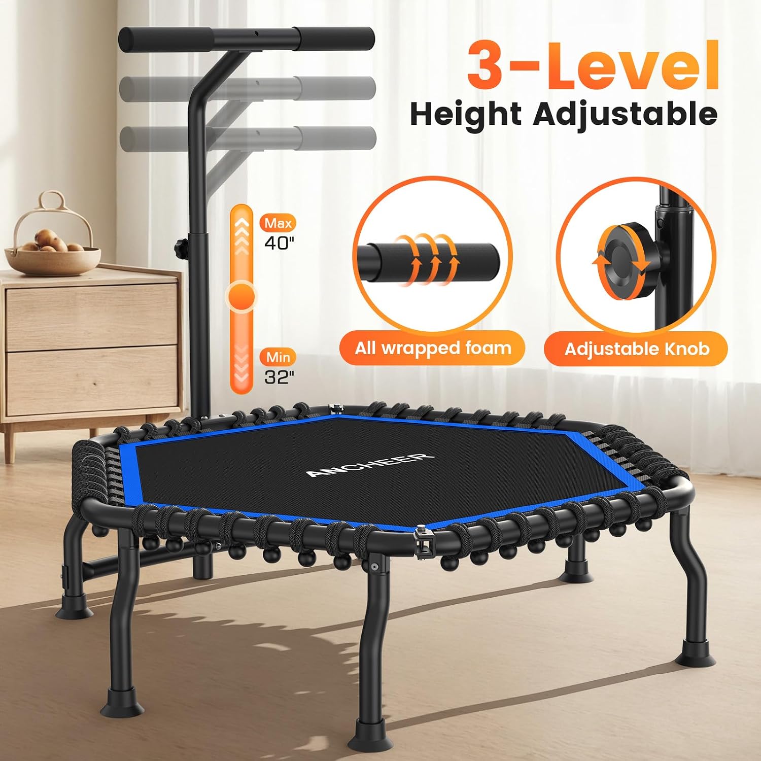 ANCHEER 50' Rebounder Trampoline for Adults- 2026 Foldable Mini Trampoline with Bar- Exercise Trampoline for Adults, Max Load 560lbs, for Indoor/Garden Workout