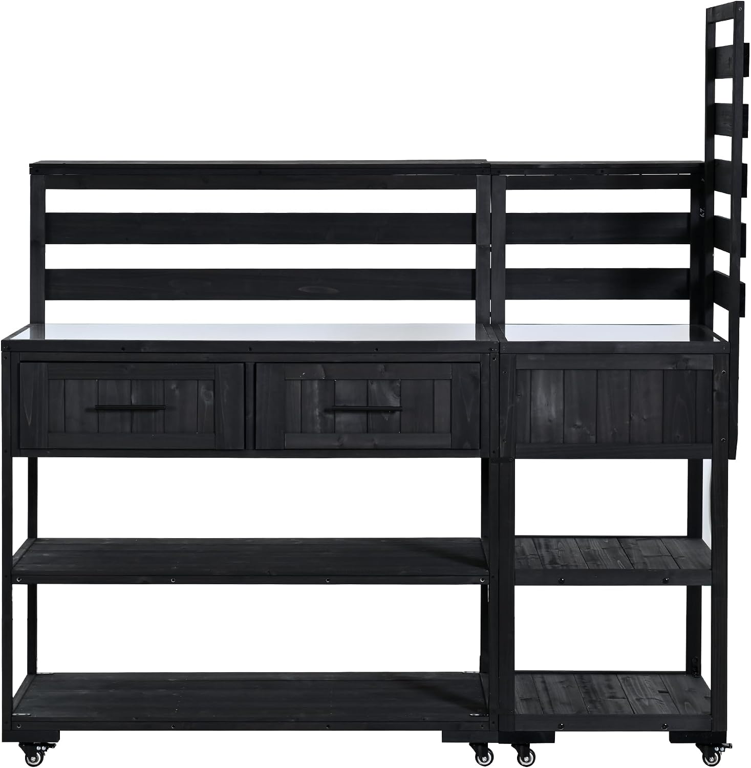 Patio Potting Bench Table with Stainless Table Top, Outdoor Large Garden Workstation on Wheels with Raised Shelf and Drawers for Backyard (Black)