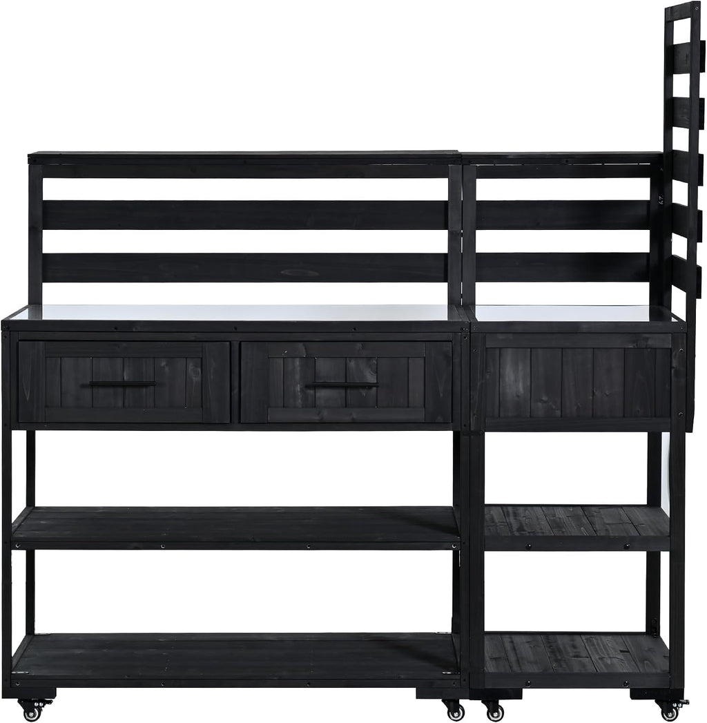 62.3'' Patio Kitchen Island Cart with Stainless Table Top,Solid Wood Garden Potting Bench with Raised Shelf and Drawers, Grill Prep Table for BBQ, Party (Black-E)