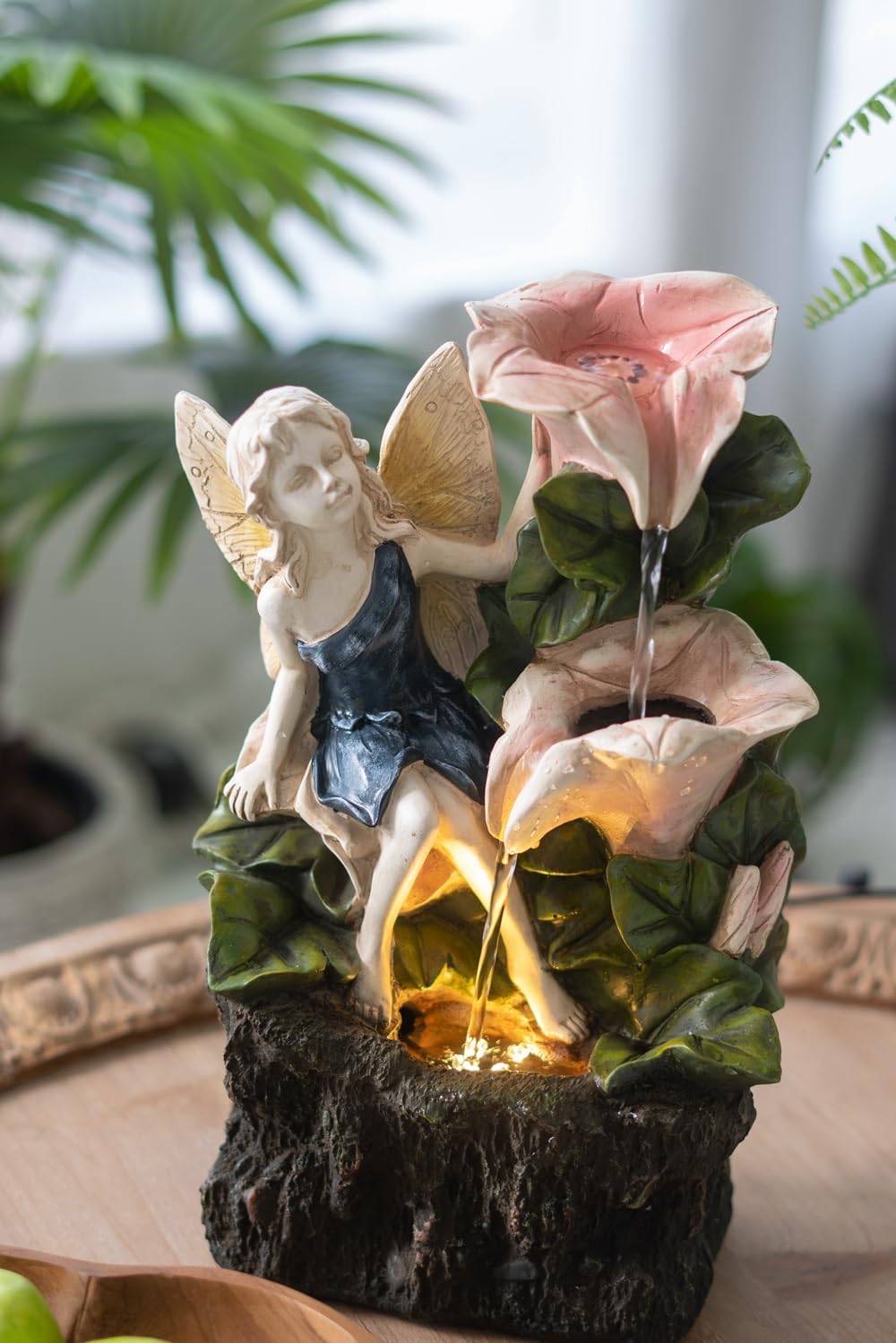8.9x4.7x13.4 Decorative 3 Tier Tabletop Water Fountain with Fairy and LED Light, Angel Girl with Pink Flower Design, for Indoor Tabletop and Outdoor